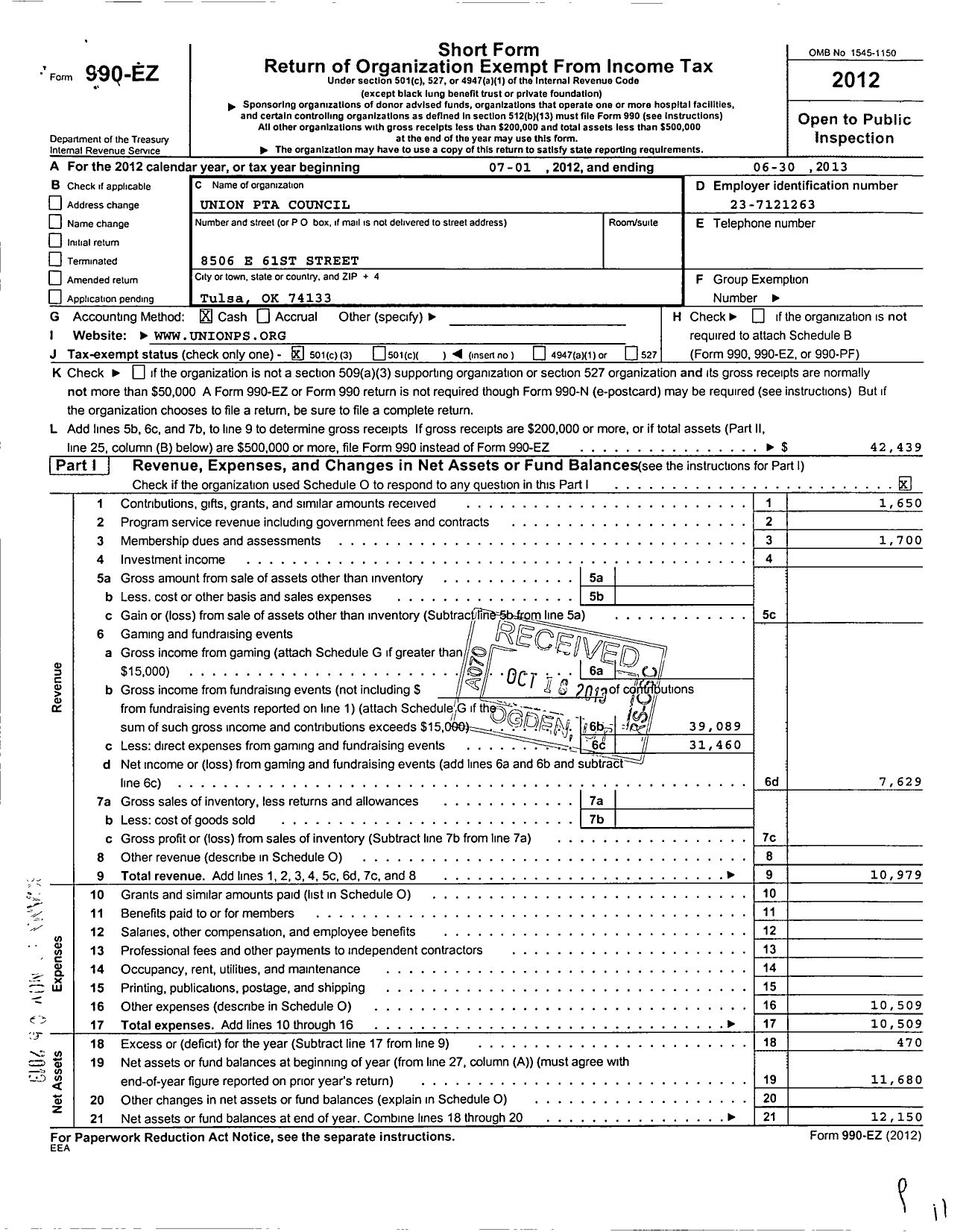 Image of first page of 2012 Form 990EZ for PTA Oklahoma Congress / Union Council