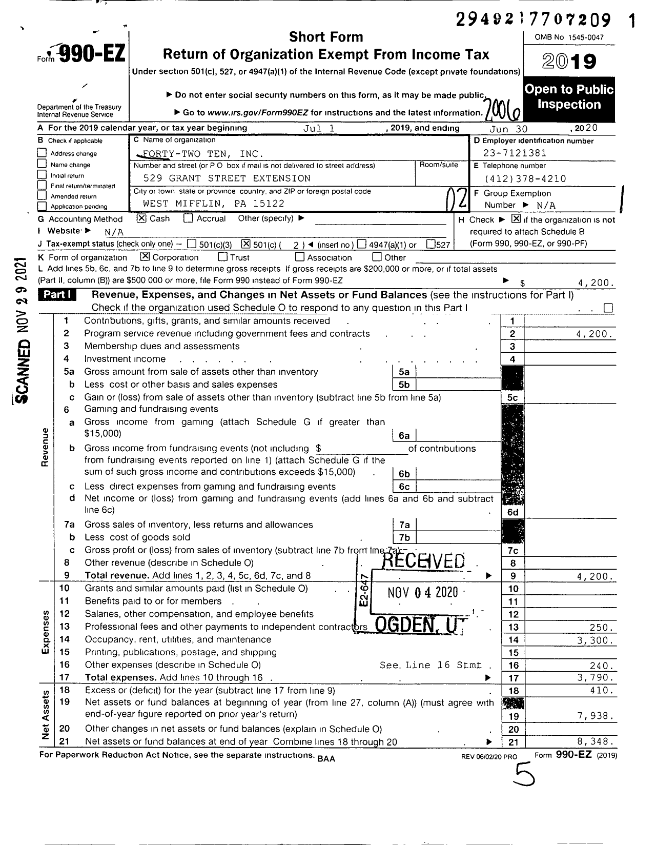 Image of first page of 2019 Form 990EO for Forty-Two Ten