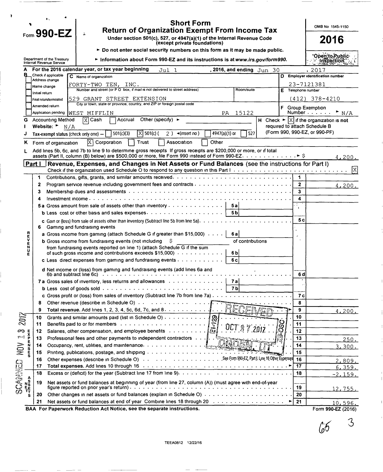 Image of first page of 2016 Form 990EO for Forty-Two Ten