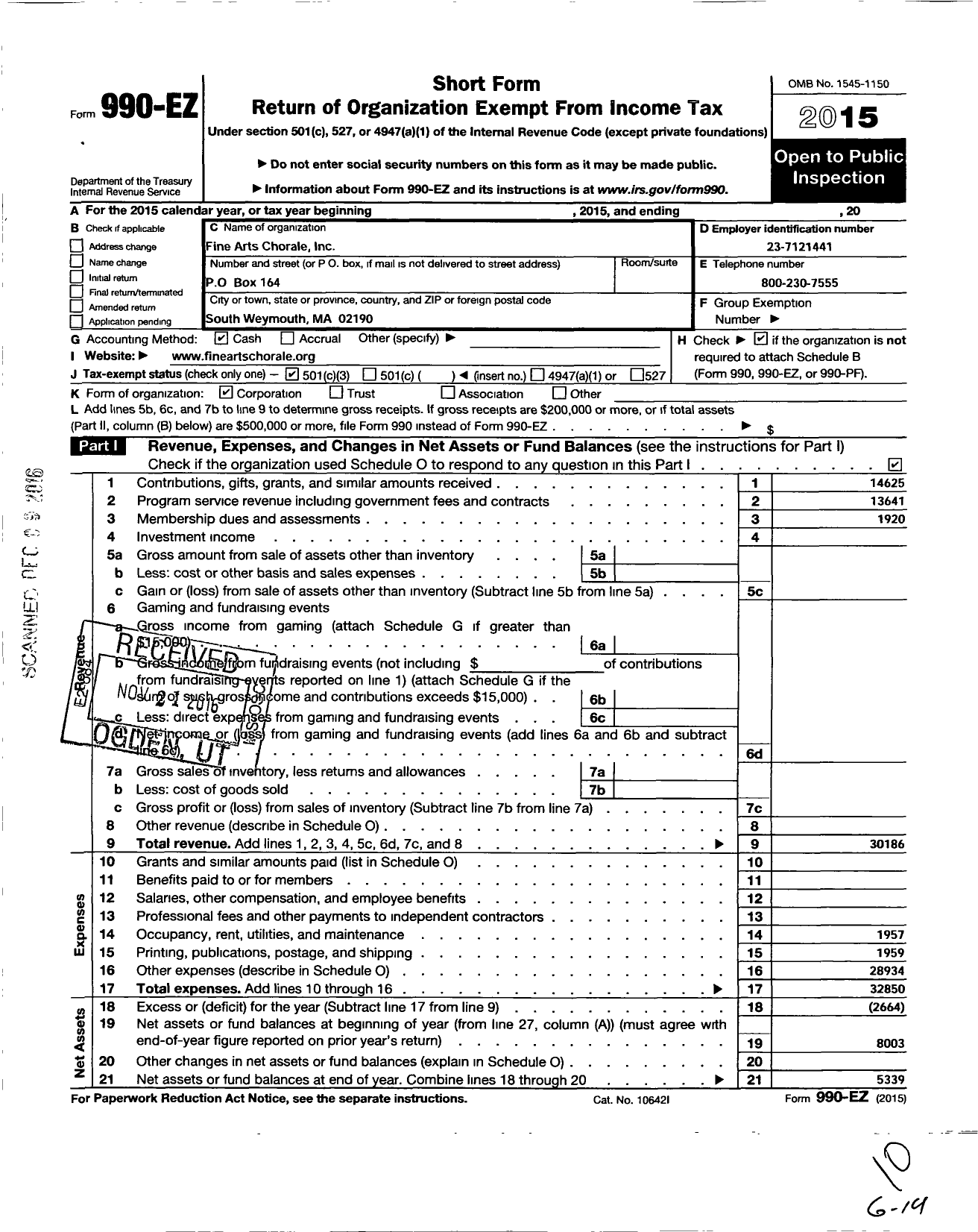 Image of first page of 2015 Form 990EZ for Fine Arts Chorale