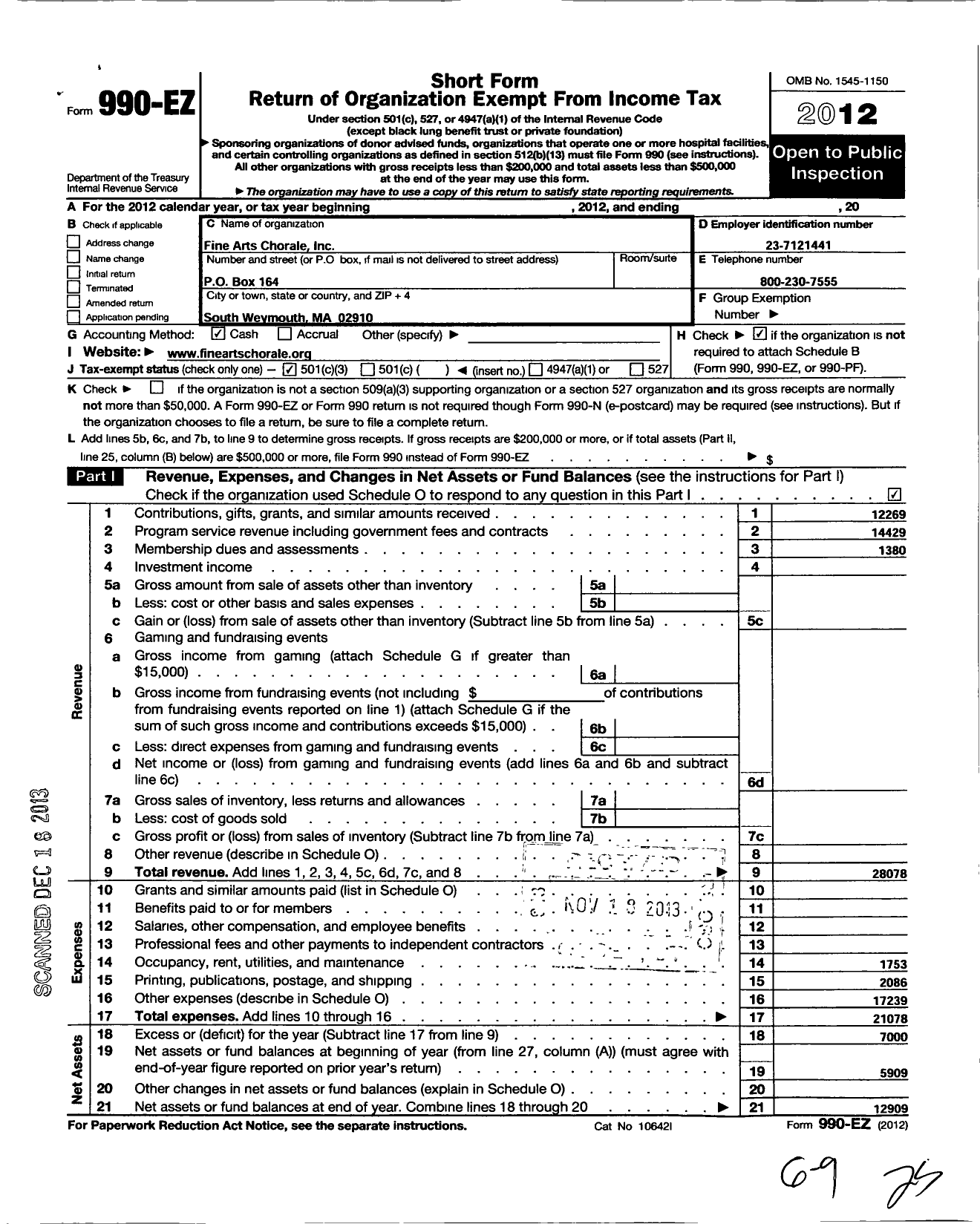 Image of first page of 2012 Form 990EZ for Fine Arts Chorale