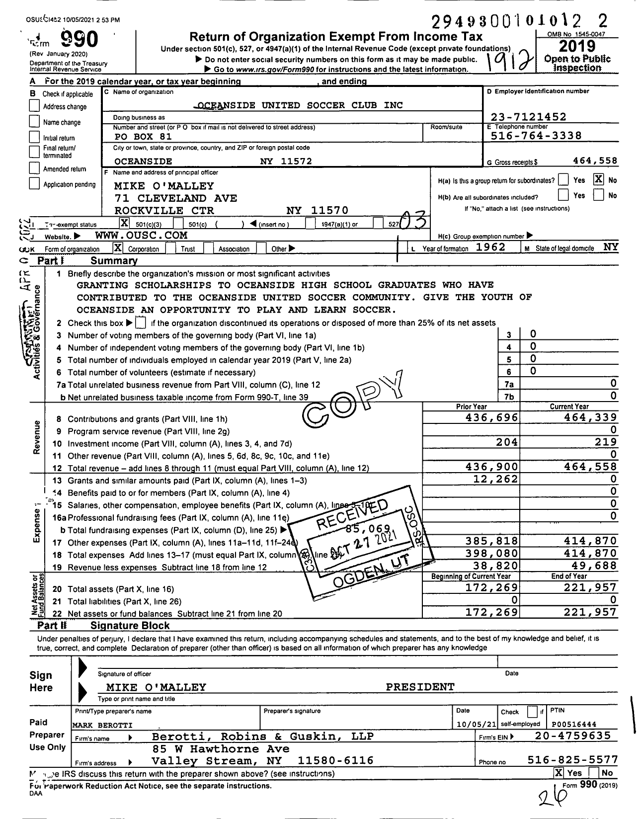 Image of first page of 2019 Form 990 for Oceanside United Soccer Club