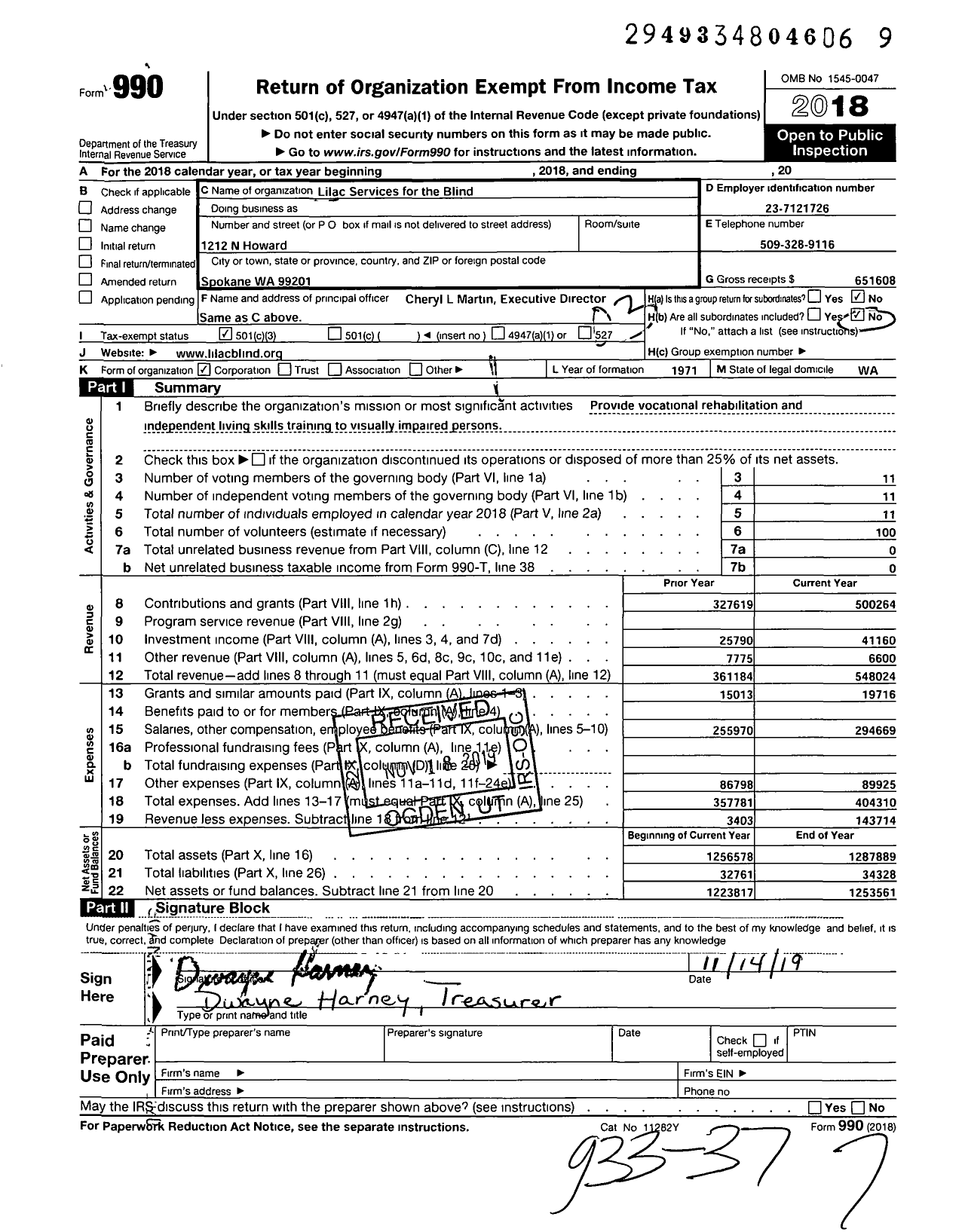 Image of first page of 2018 Form 990 for Lilac Services for the Blind