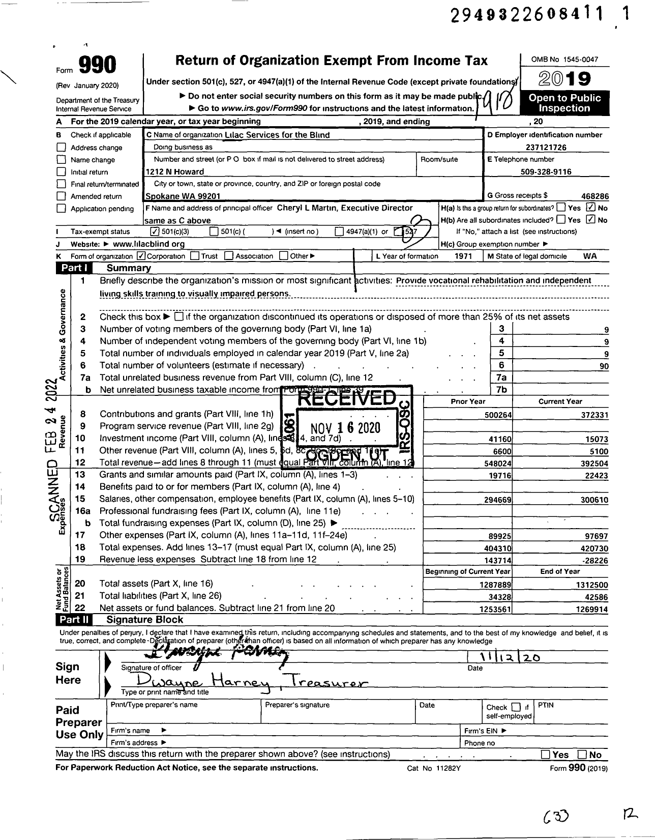 Image of first page of 2019 Form 990 for Lilac Services for the Blind