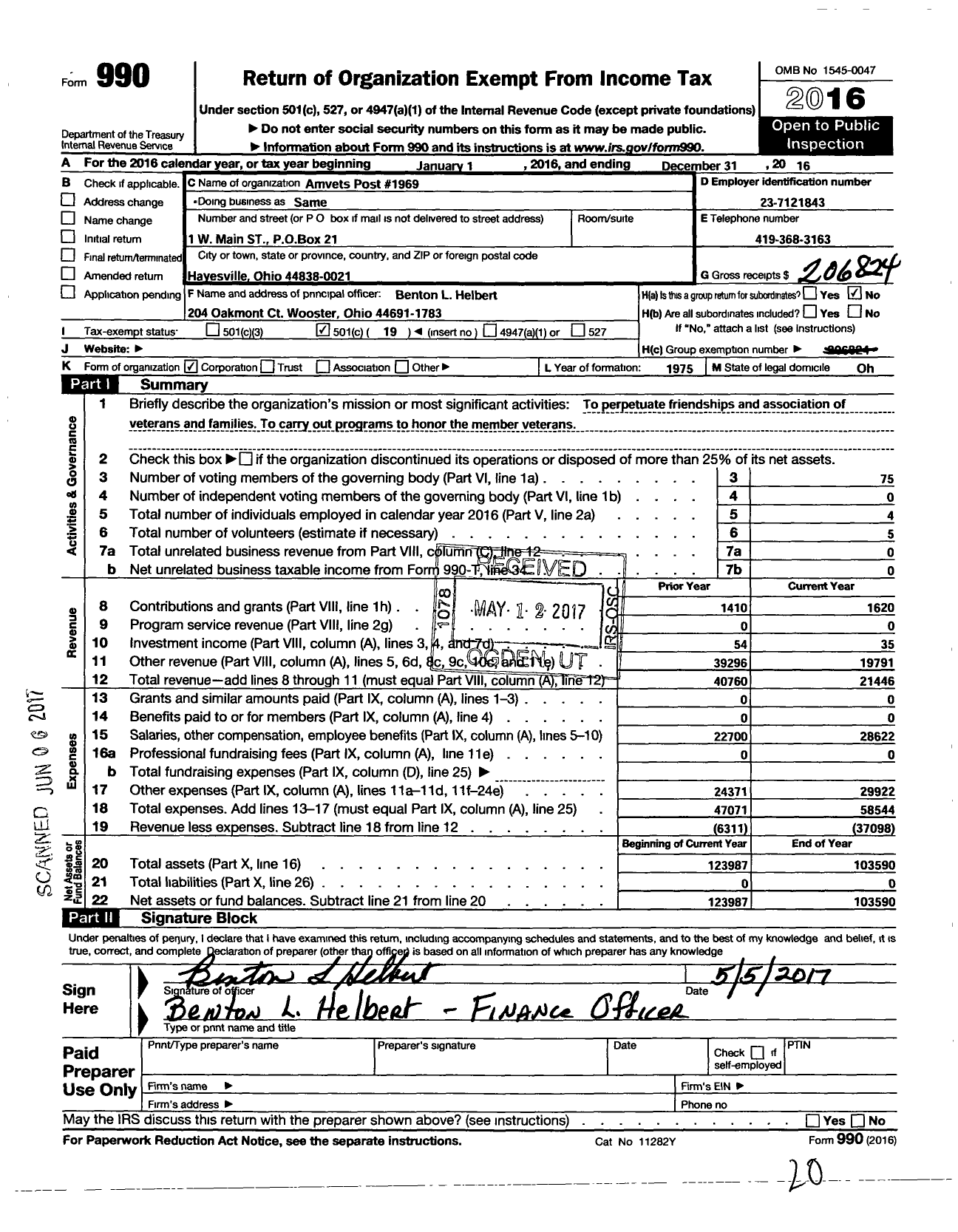 Image of first page of 2016 Form 990O for Amvets - American Veterans of Wwii Post 1969