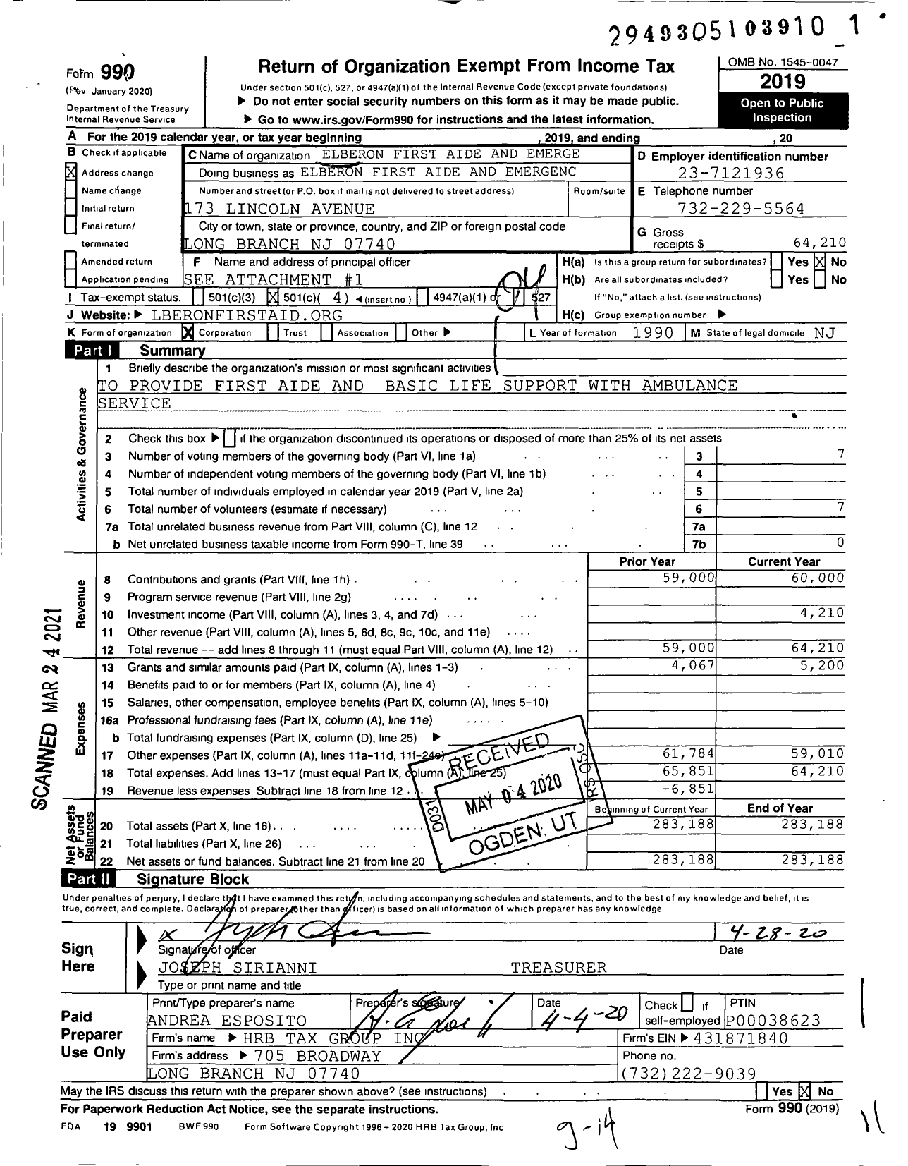 Image of first page of 2019 Form 990O for Elberon First Aide and Emergency