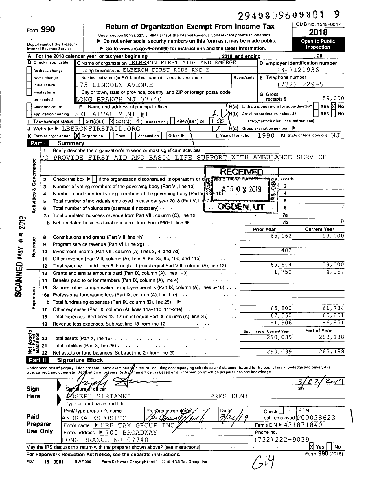 Image of first page of 2018 Form 990O for Elberon First Aide and Emergency