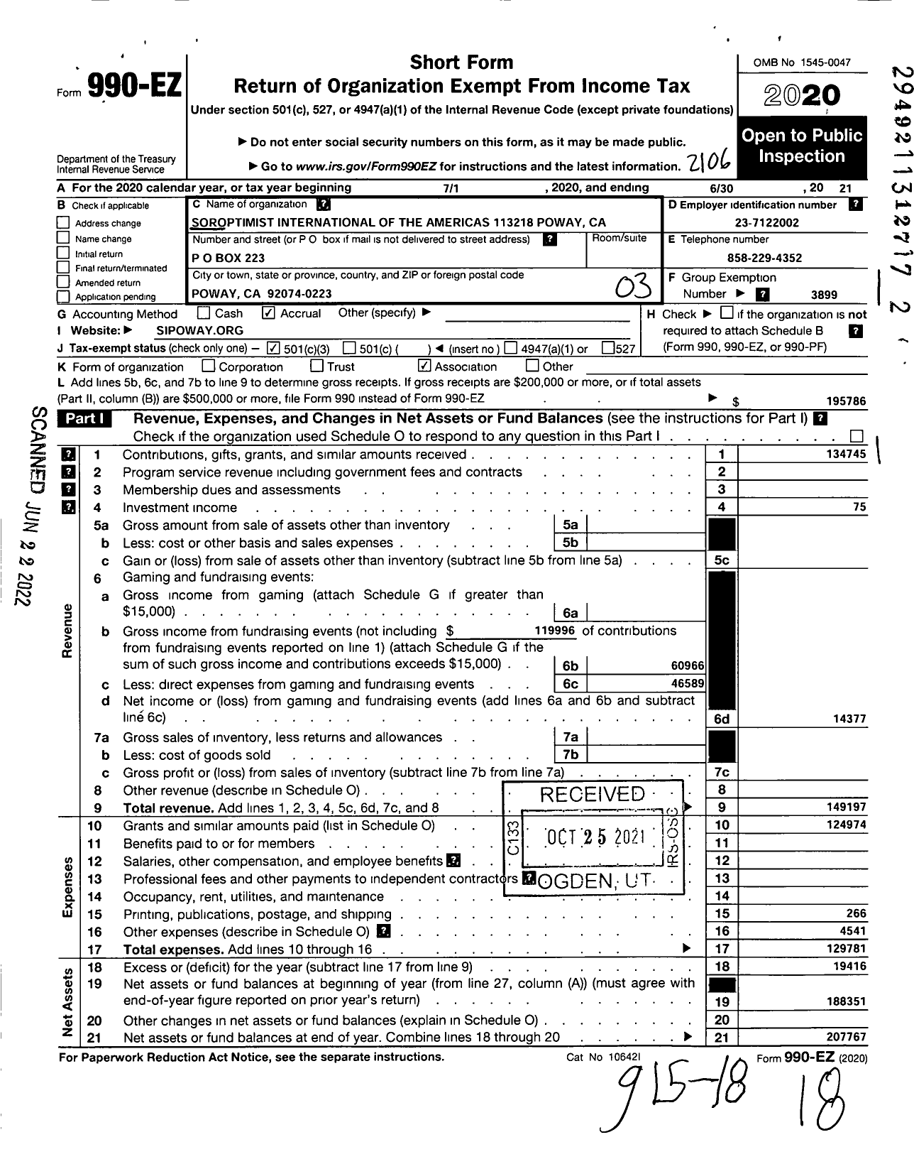 Image of first page of 2020 Form 990EZ for Soroptimist International of the Americas - 113218 Poway Ca