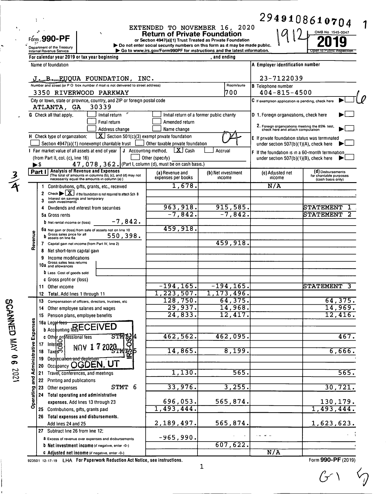 Image of first page of 2019 Form 990PF for J B Fuqua Foundation