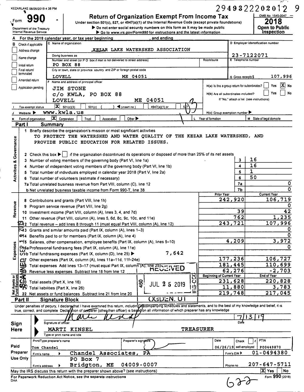 Image of first page of 2018 Form 990 for Kezar Lake Watershed Association