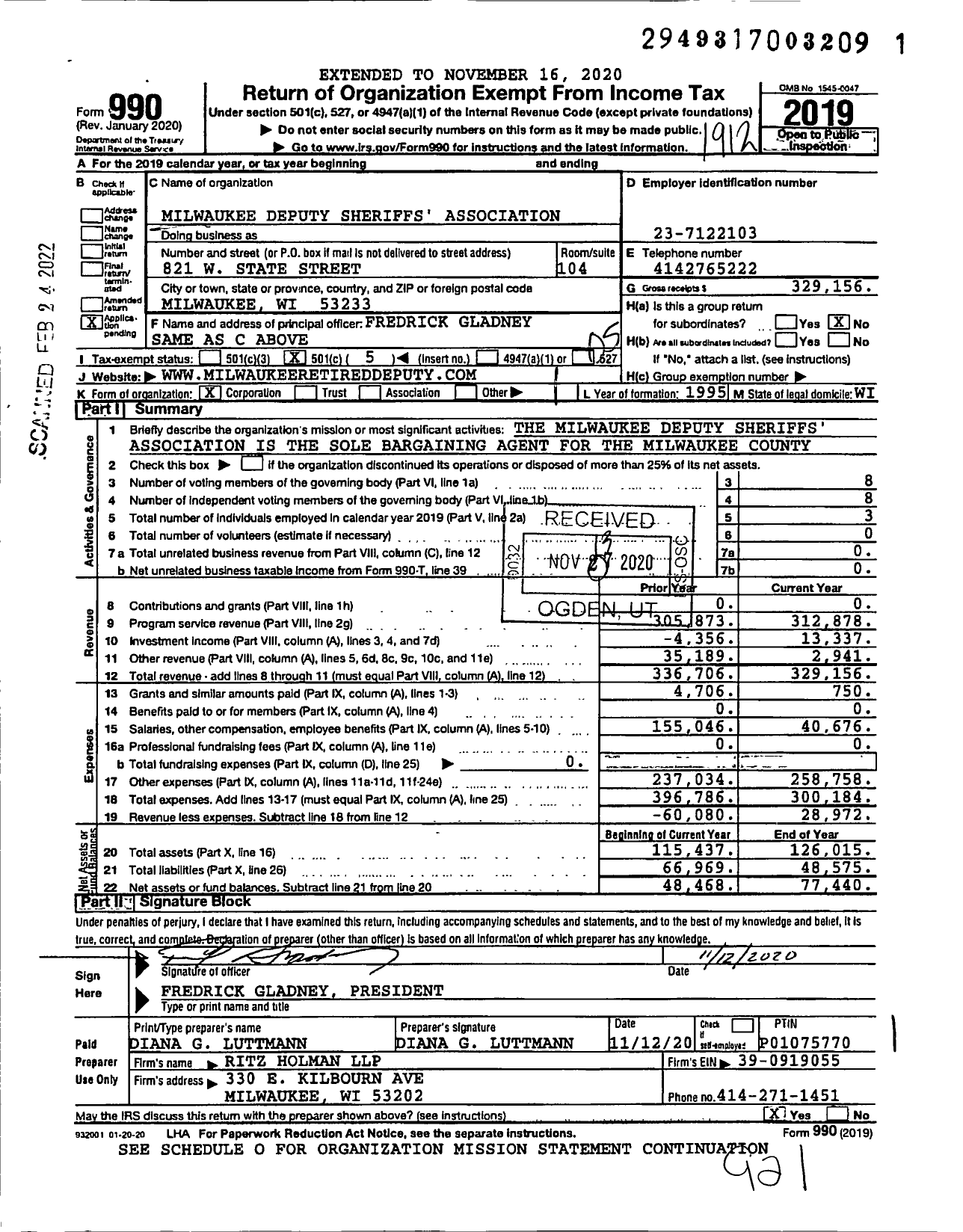 Image of first page of 2019 Form 990O for Milwaukee Deputy Sheriffs' Association