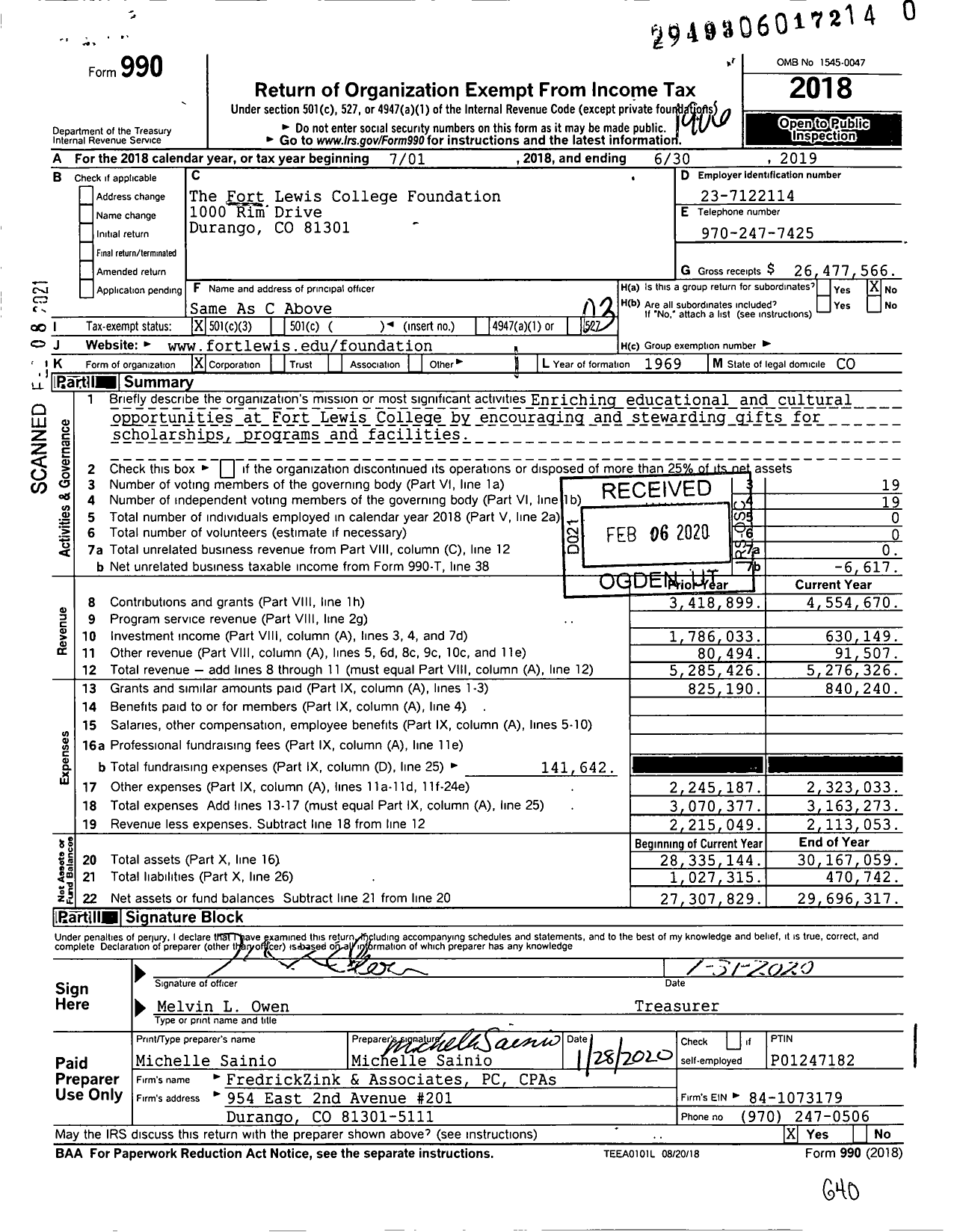 Image of first page of 2018 Form 990 for The Fort Lewis College Foundation