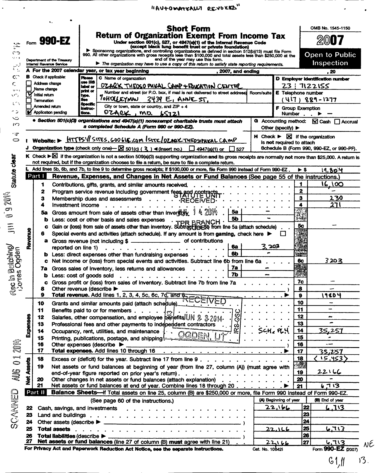 Image of first page of 2007 Form 990EZ for Ozark Theosophical Camp and Educational Center