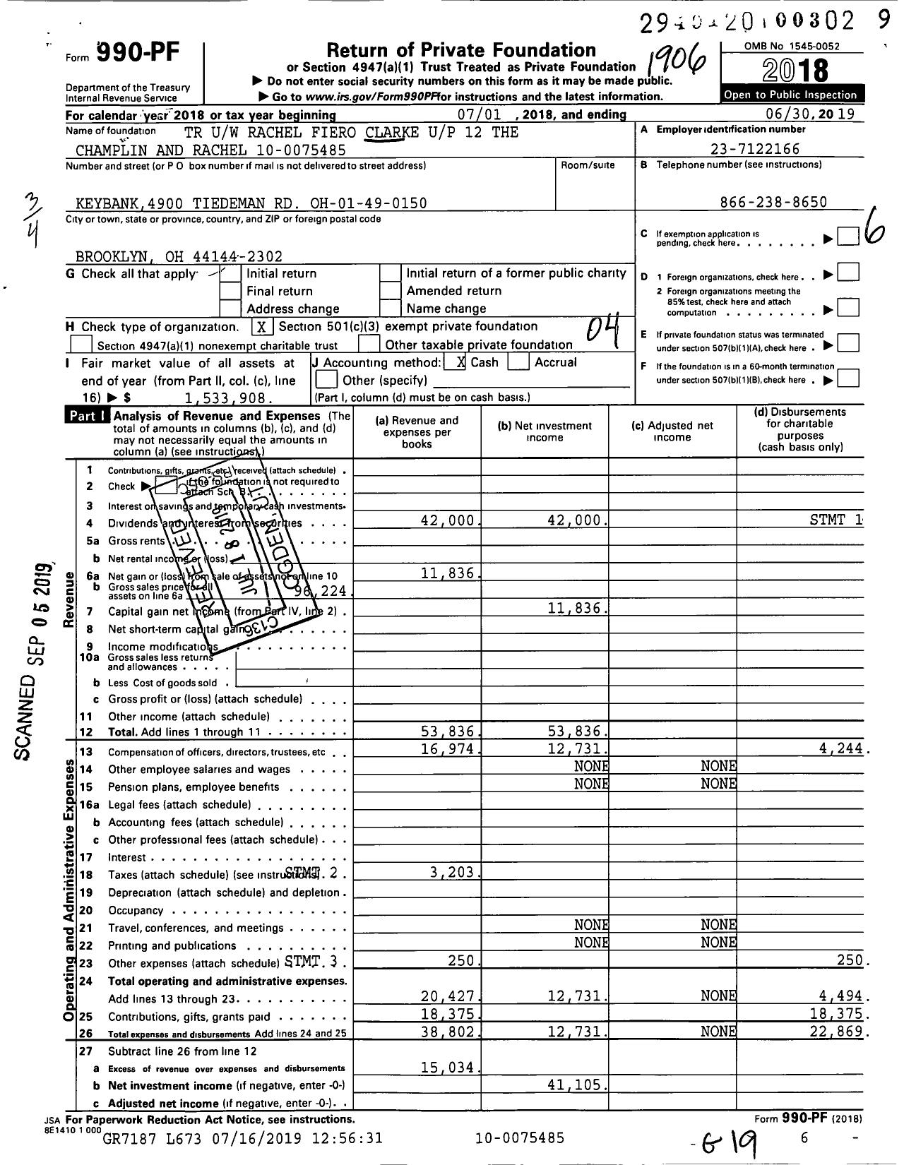 Image of first page of 2018 Form 990PF for TR Uw Rachel Fiero Clarke Up 12 the