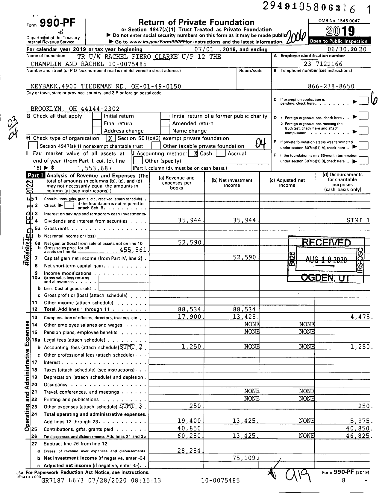 Image of first page of 2019 Form 990PF for TR Uw Rachel Fiero Clarke Up 12 the