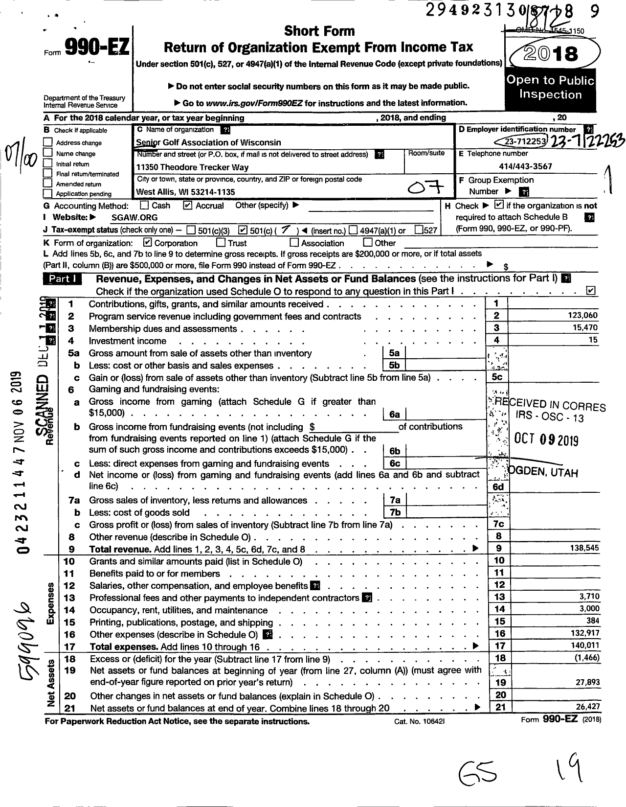 Image of first page of 2018 Form 990EO for Senior Golf Association of Wisconsin