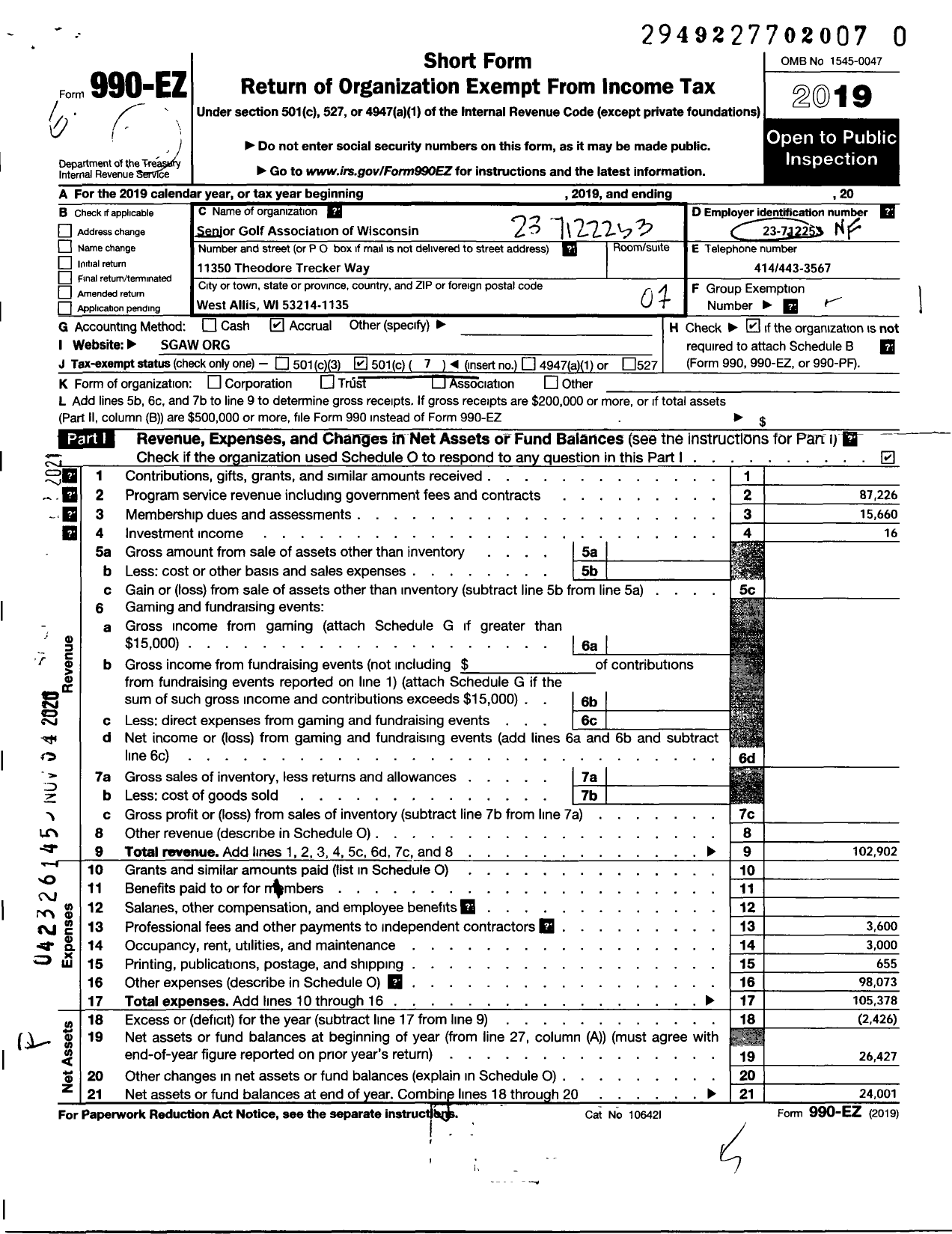 Image of first page of 2019 Form 990EO for Senior Golf Association of Wisconsin