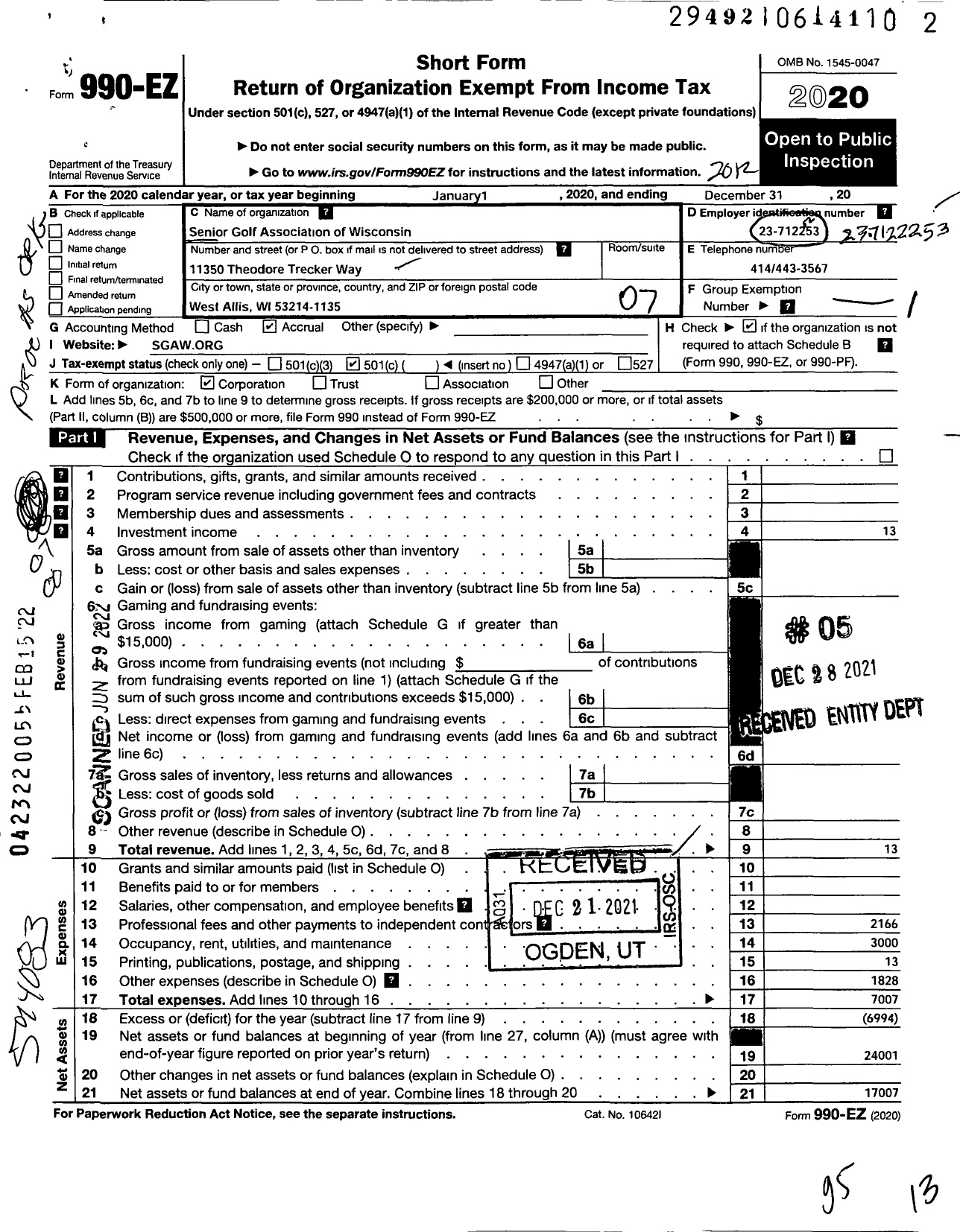 Image of first page of 2020 Form 990EO for Senior Golf Association of Wisconsin