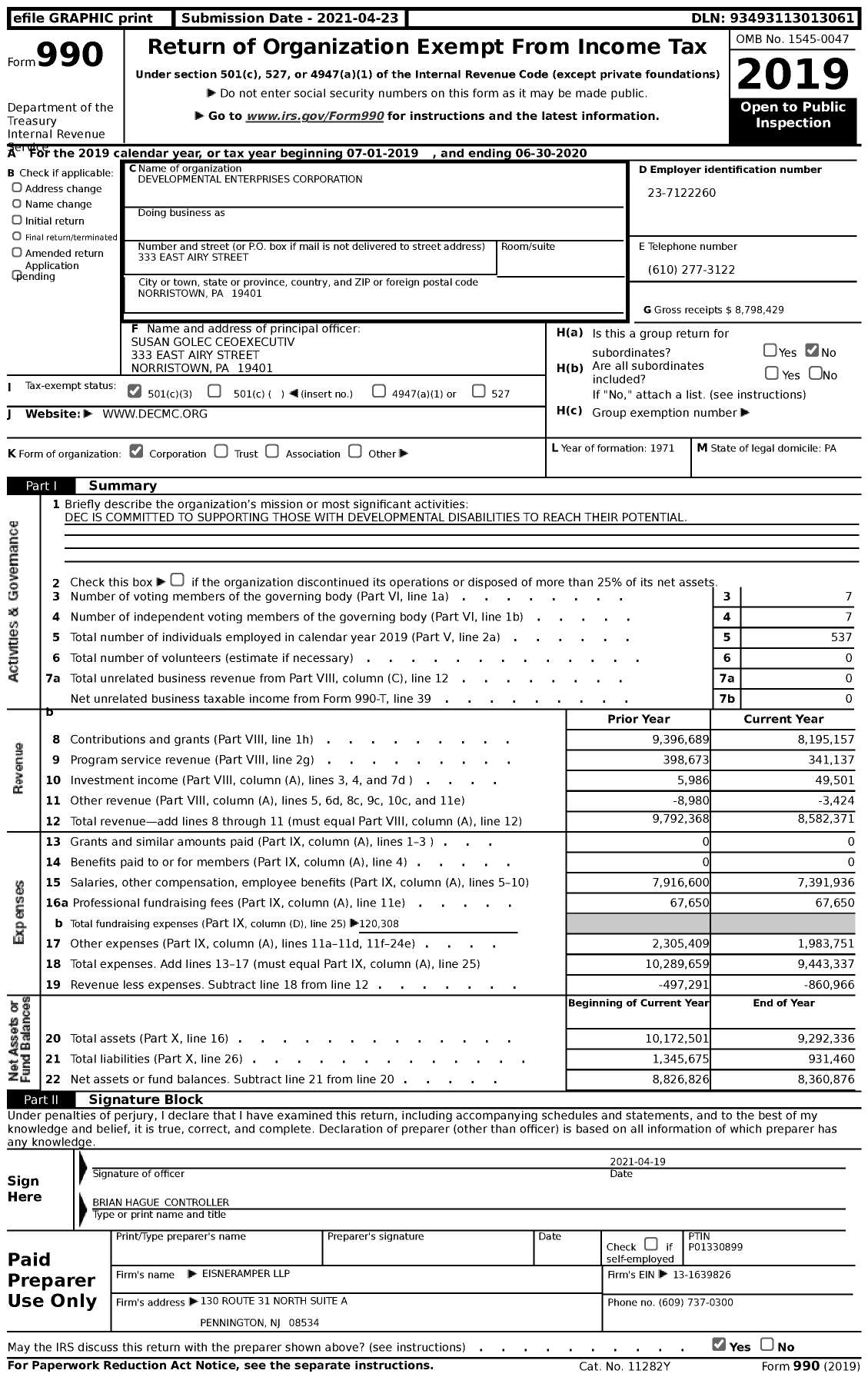 Image of first page of 2019 Form 990 for DEVELOPMENTAL Enterprises Corporation (DEC)