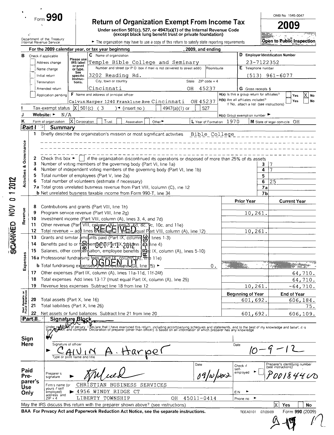 Image of first page of 2009 Form 990 for Temple Bible College and Seminary