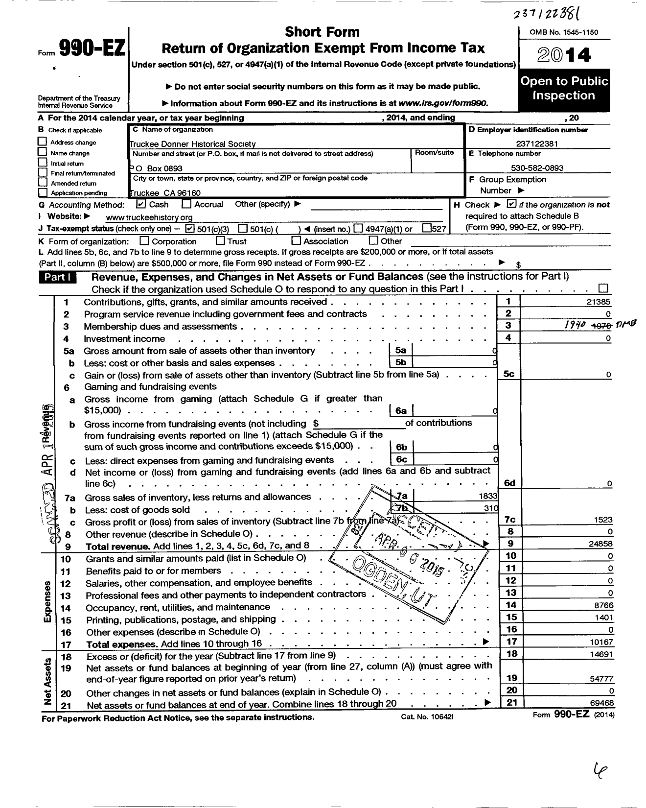 Image of first page of 2014 Form 990EZ for Truckee-Donner Historical Society