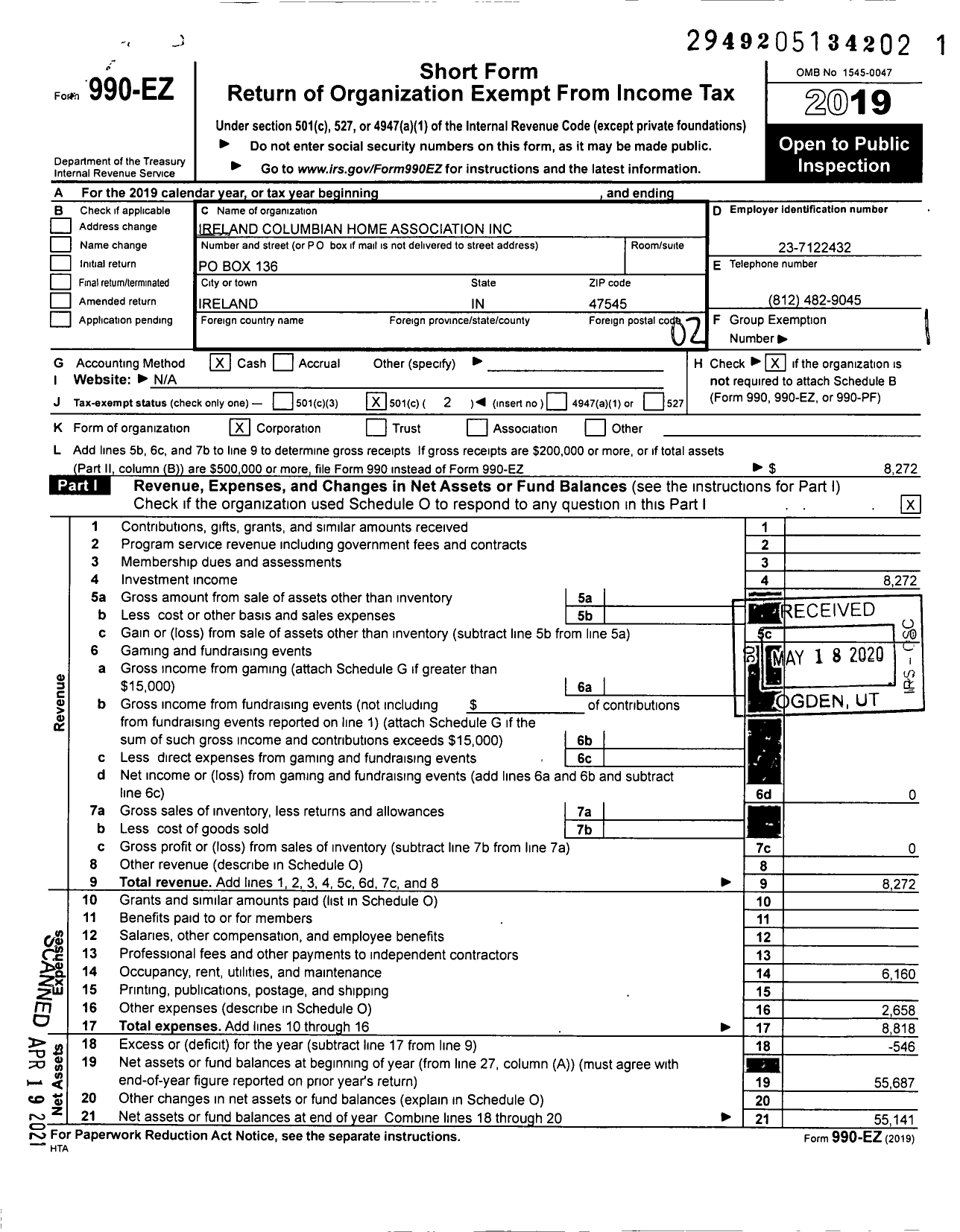 Image of first page of 2019 Form 990EO for Ireland Columbian Home Association