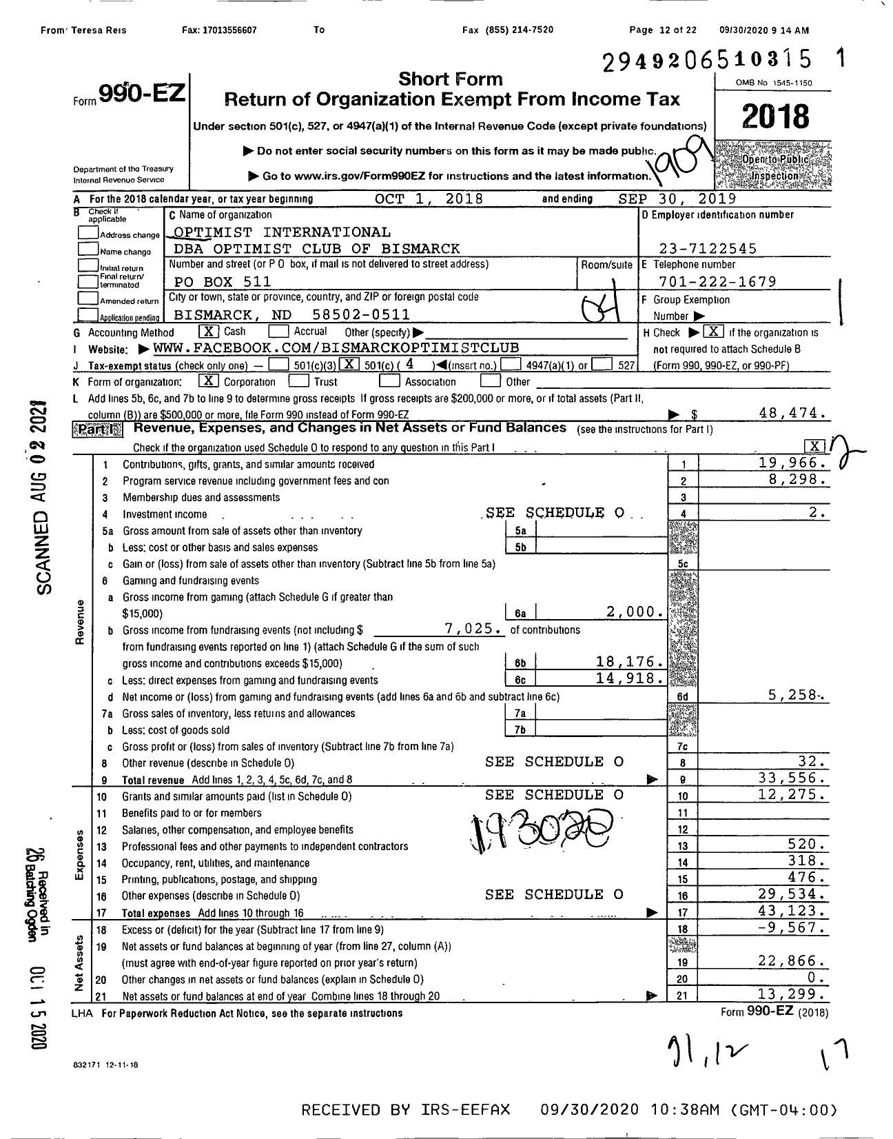 Image of first page of 2018 Form 990EO for Optimist International - Optimist Club of Bismarck