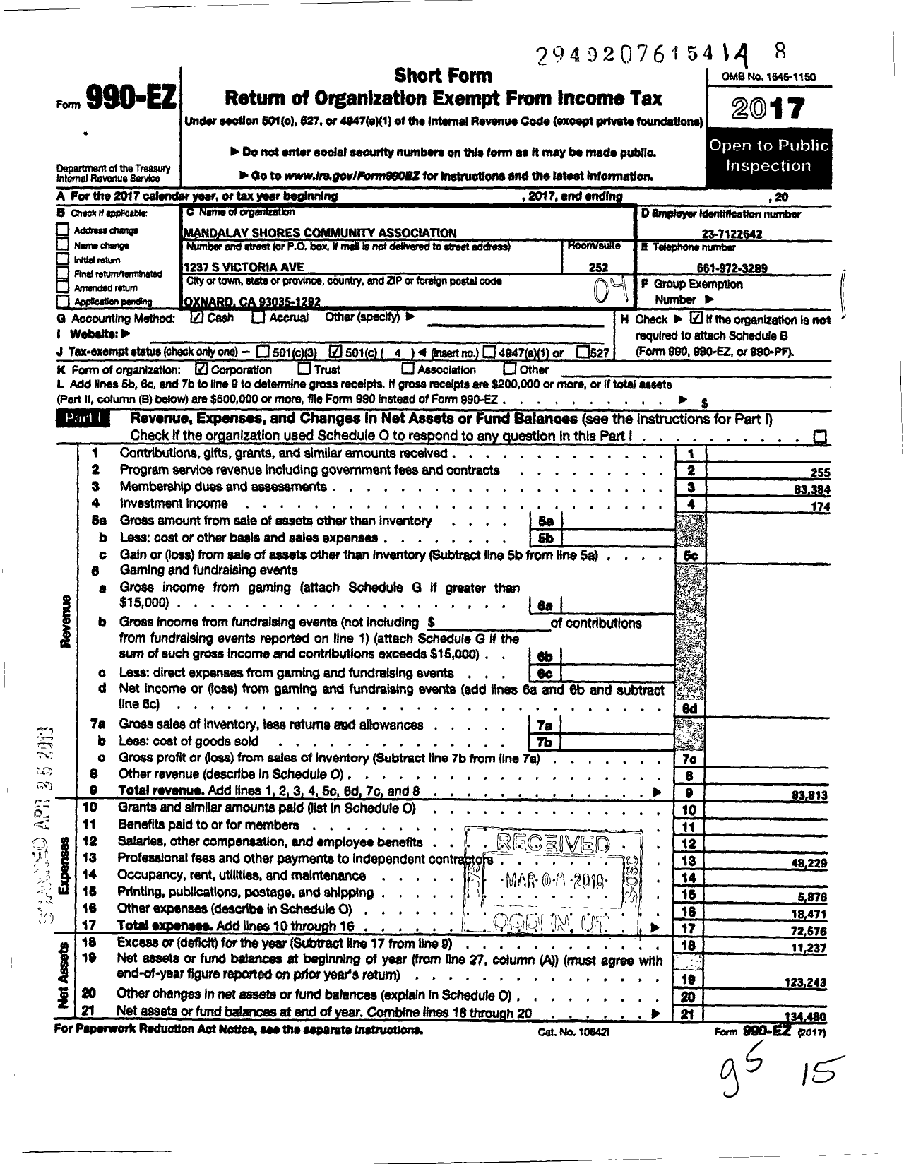 Image of first page of 2017 Form 990EO for Mandalay Shores Community Association