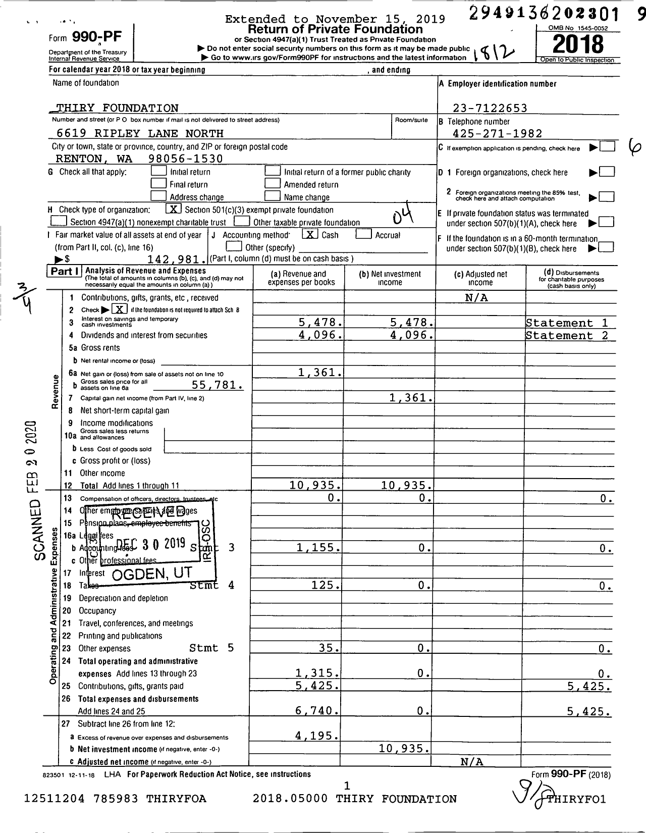 Image of first page of 2018 Form 990PF for Thiry Foundation