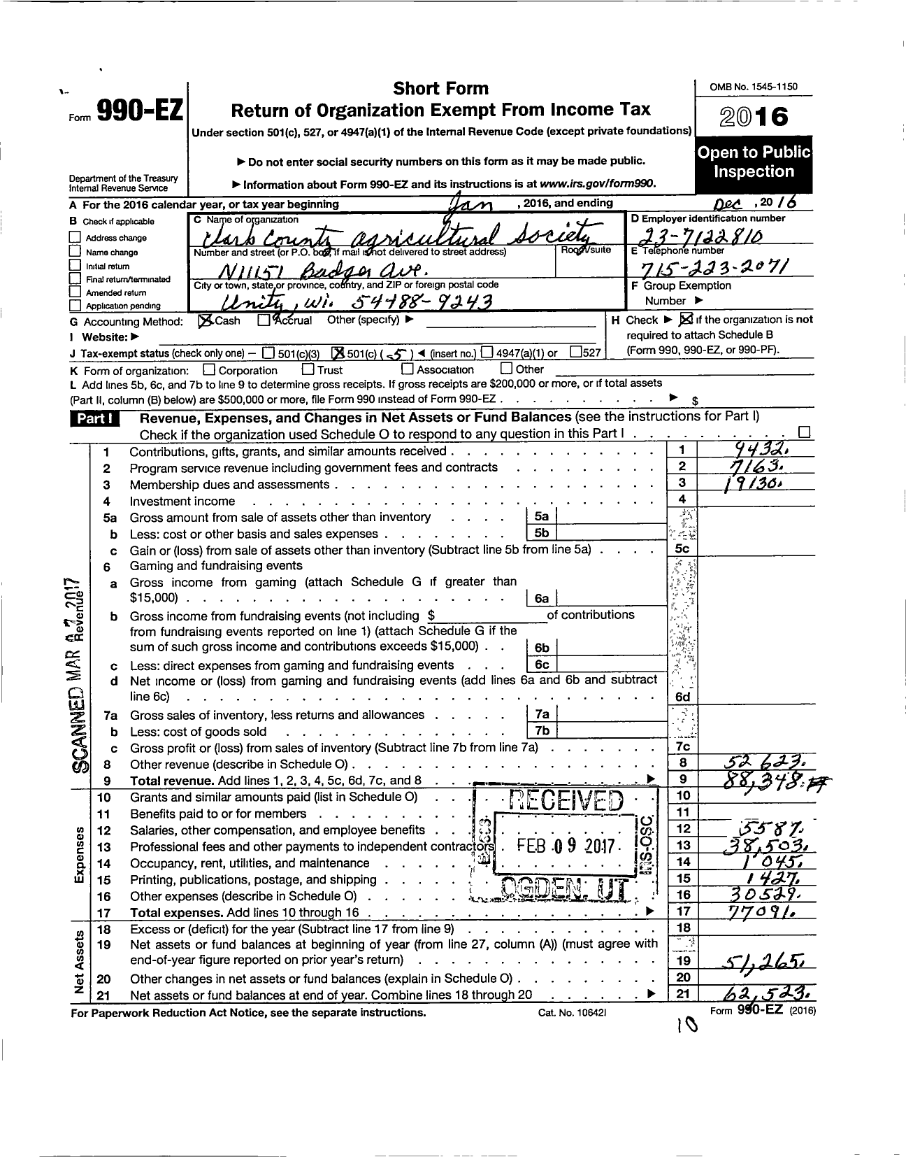 Image of first page of 2016 Form 990EO for Clark County Agricultural Society