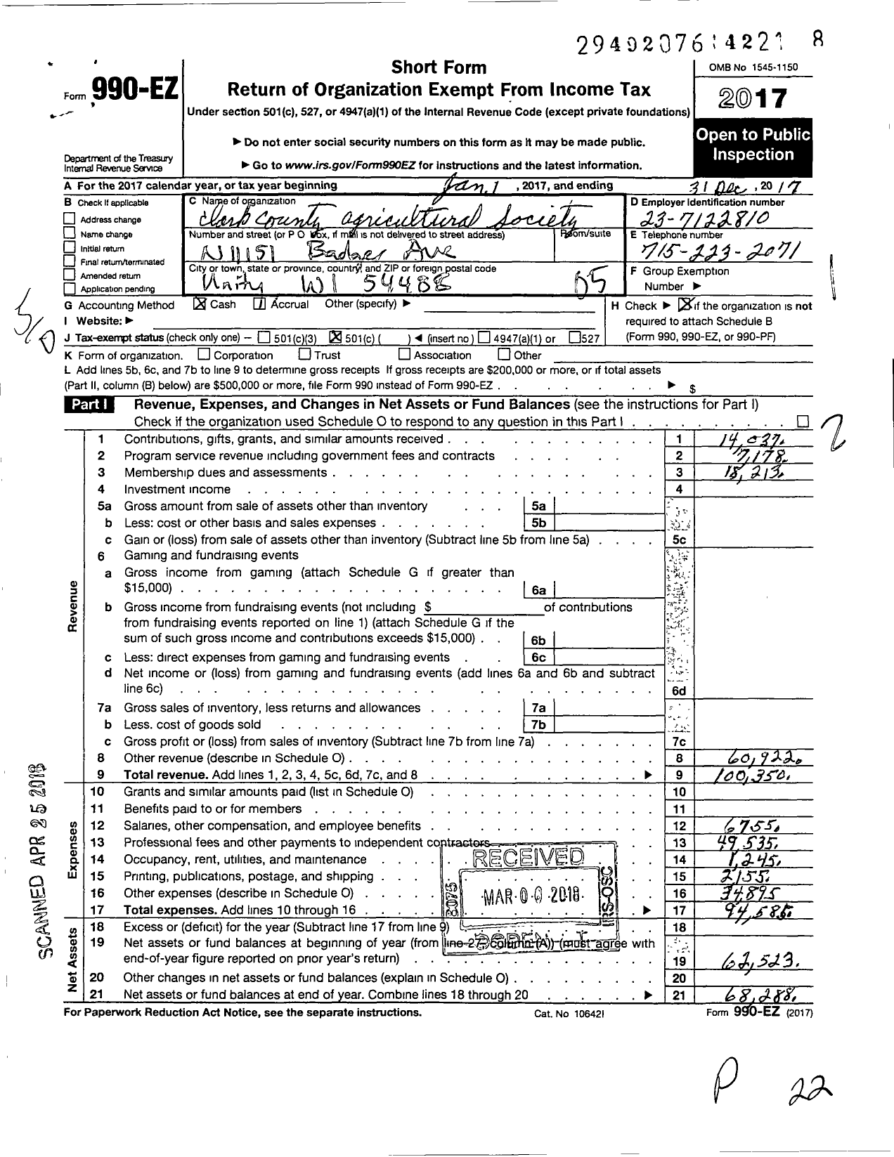 Image of first page of 2017 Form 990EO for Clark County Agricultural Society