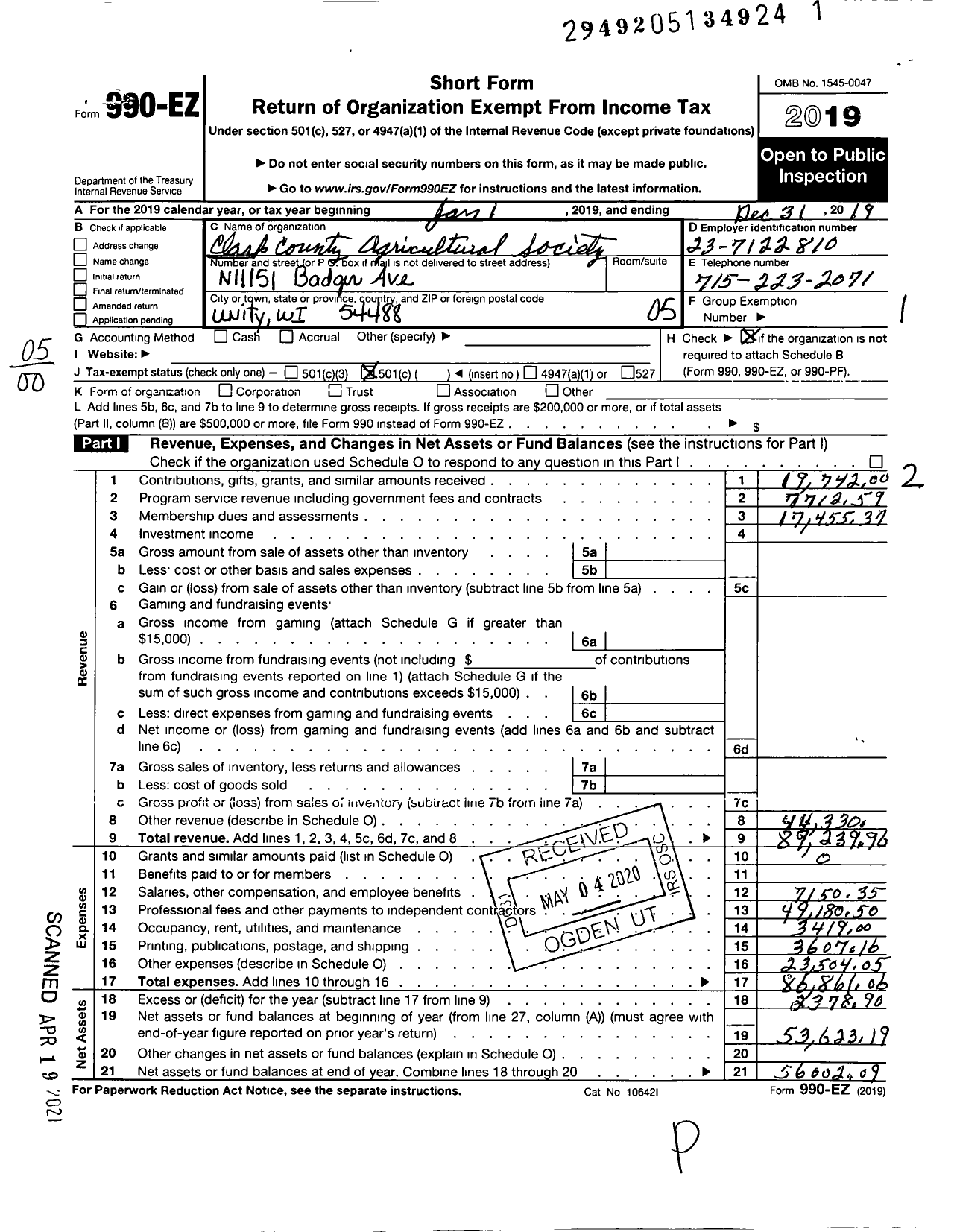 Image of first page of 2019 Form 990EO for Clark County Agricultural Society