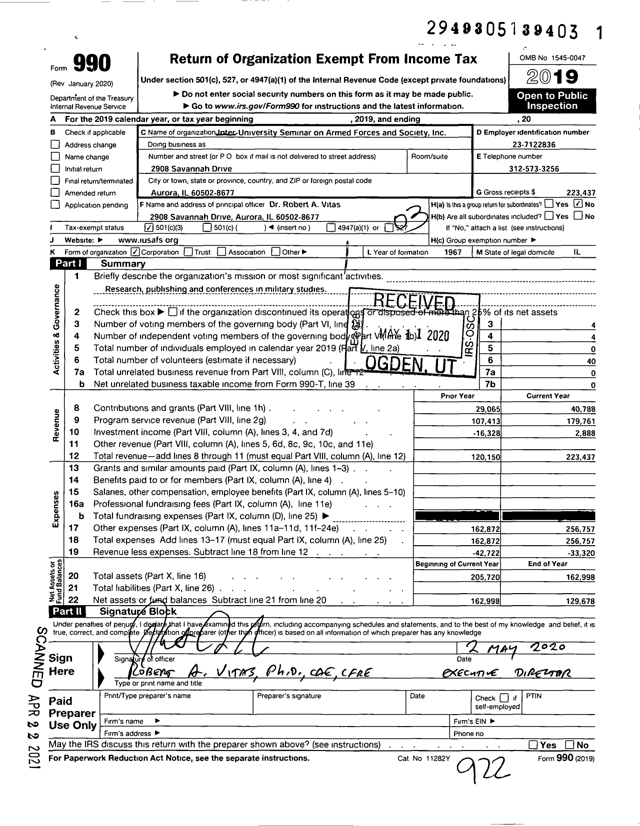 Image of first page of 2019 Form 990 for Inter-University Seminar on Armed Forces and Society