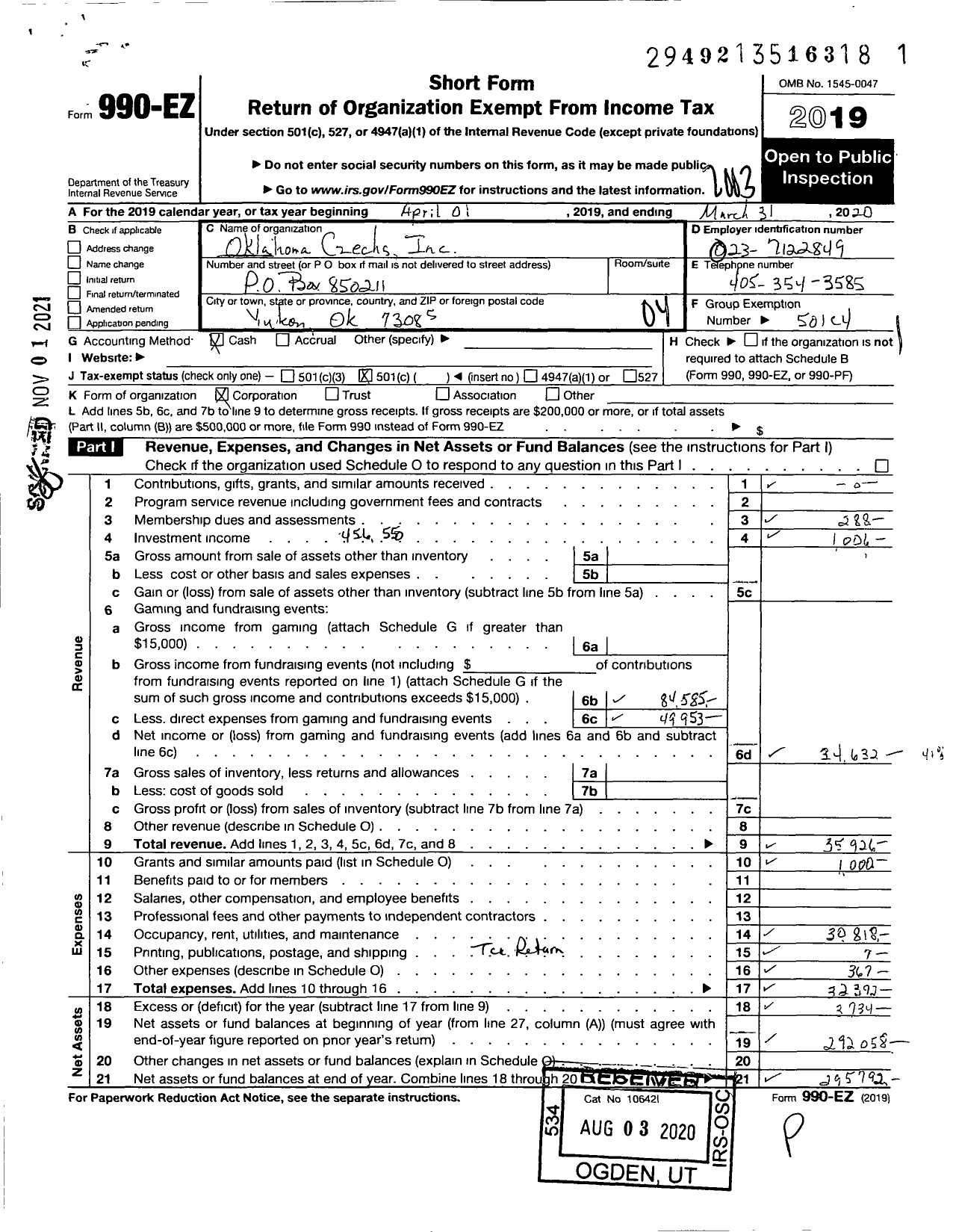 Image of first page of 2019 Form 990EO for Oklahoma Czechs