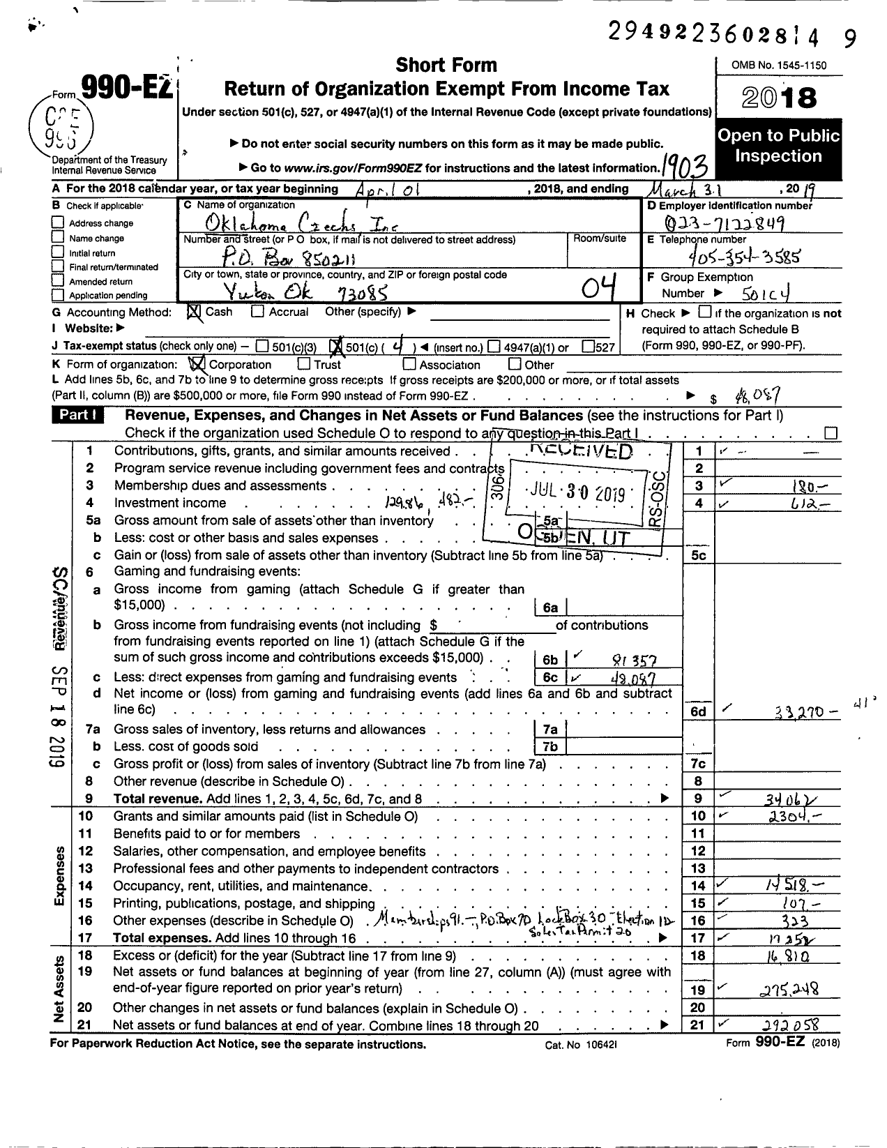 Image of first page of 2018 Form 990EO for Oklahoma Czechs