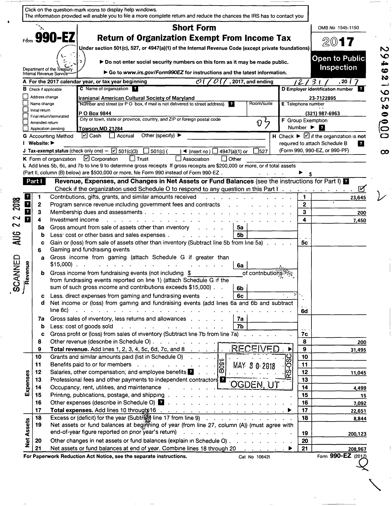 Image of first page of 2017 Form 990EZ for Iranian American Cultural Society of Maryland