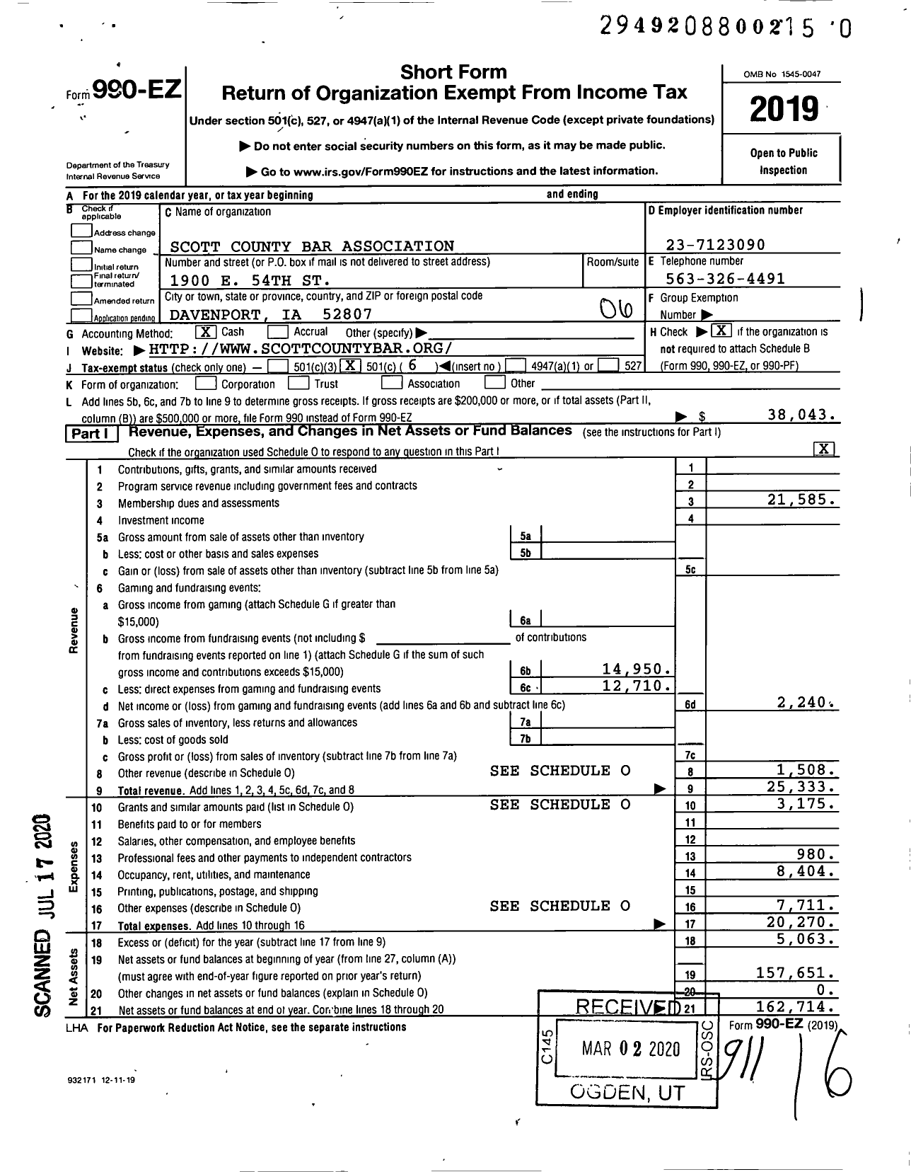 Image of first page of 2019 Form 990EO for Scott County Bar Association
