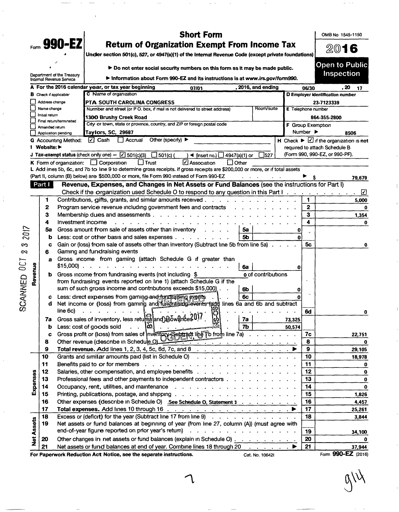 Image of first page of 2016 Form 990EZ for PTA South Carolina Congress / Eastside High School Ptsa