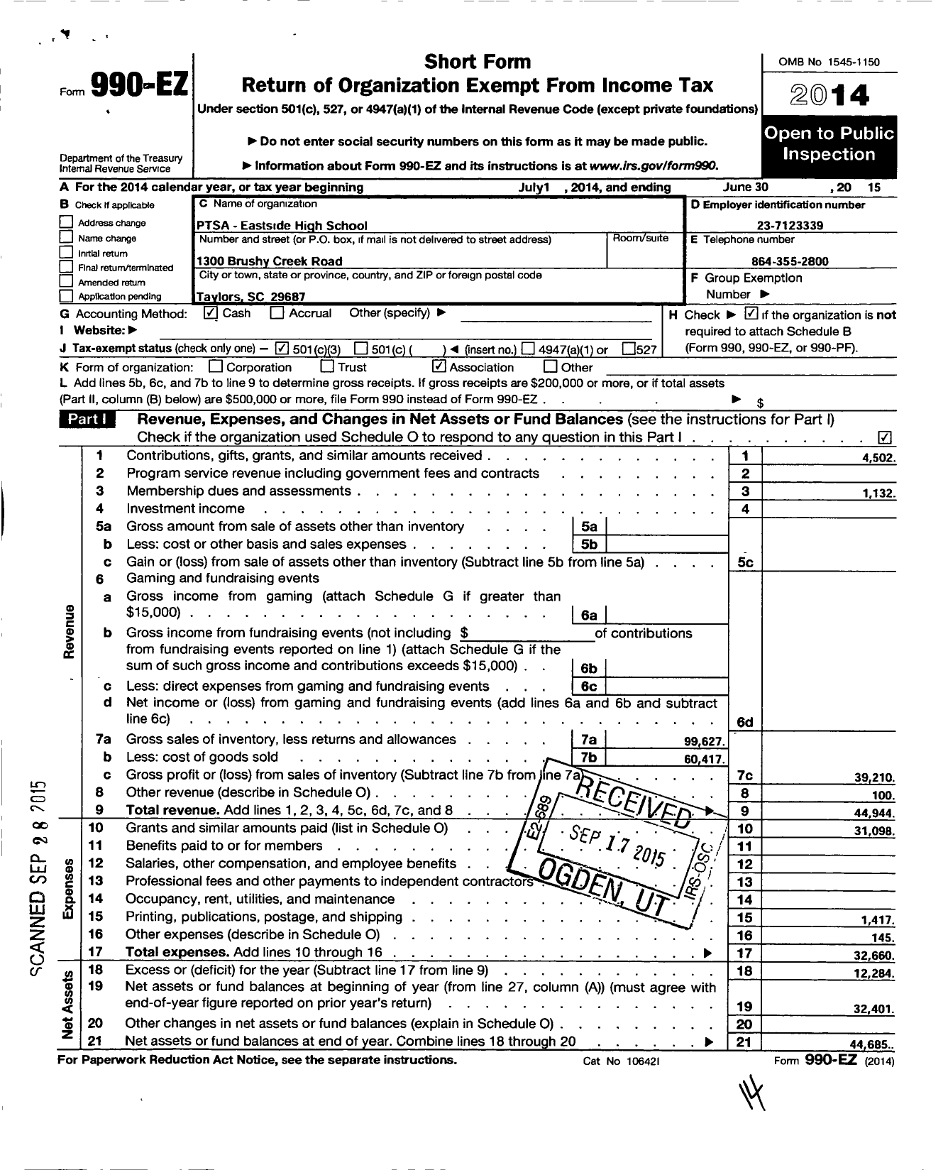 Image of first page of 2014 Form 990EZ for PTA South Carolina Congress / Eastside High School Ptsa