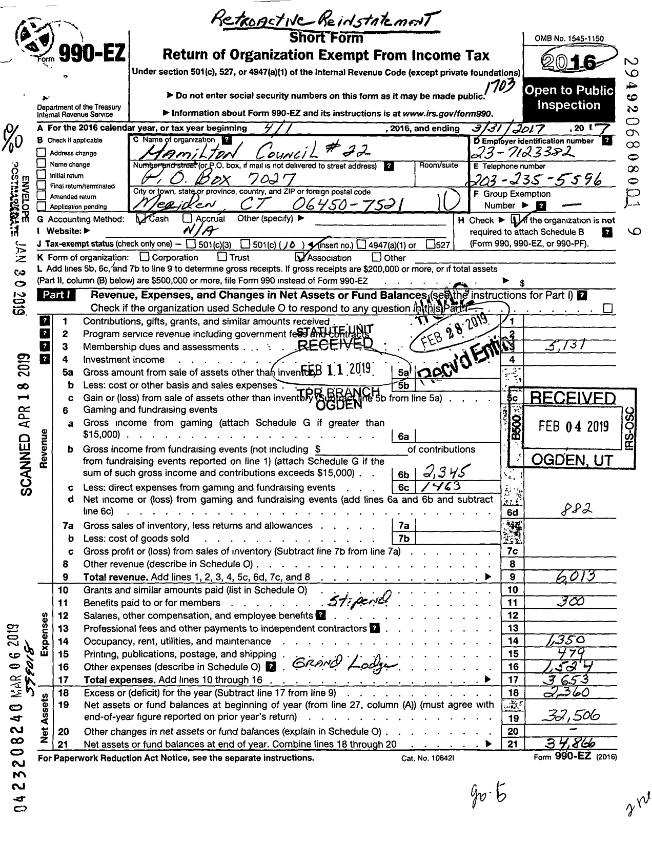 Image of first page of 2016 Form 990EO for Hamilton Council No 9 Royal and Select Masters of Connecticut