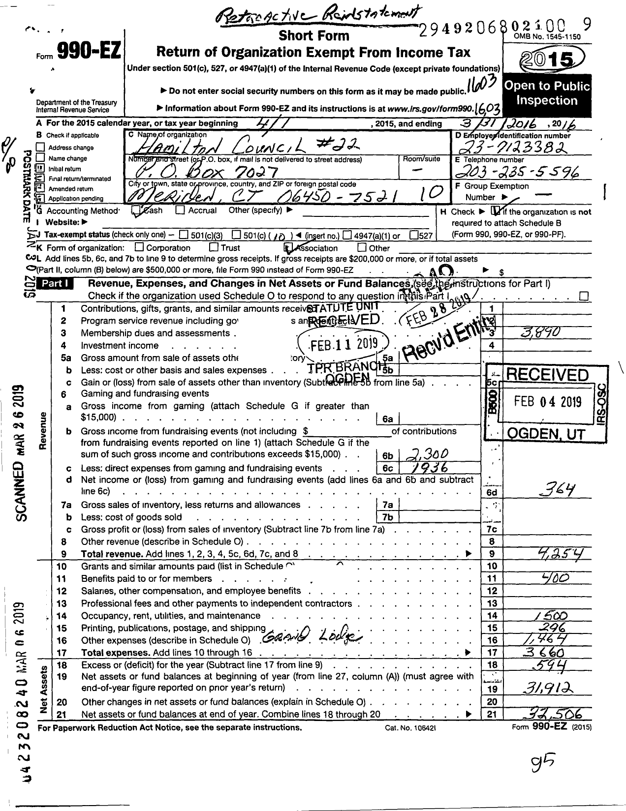 Image of first page of 2015 Form 990EO for Hamilton Council No 9 Royal and Select Masters of Connecticut