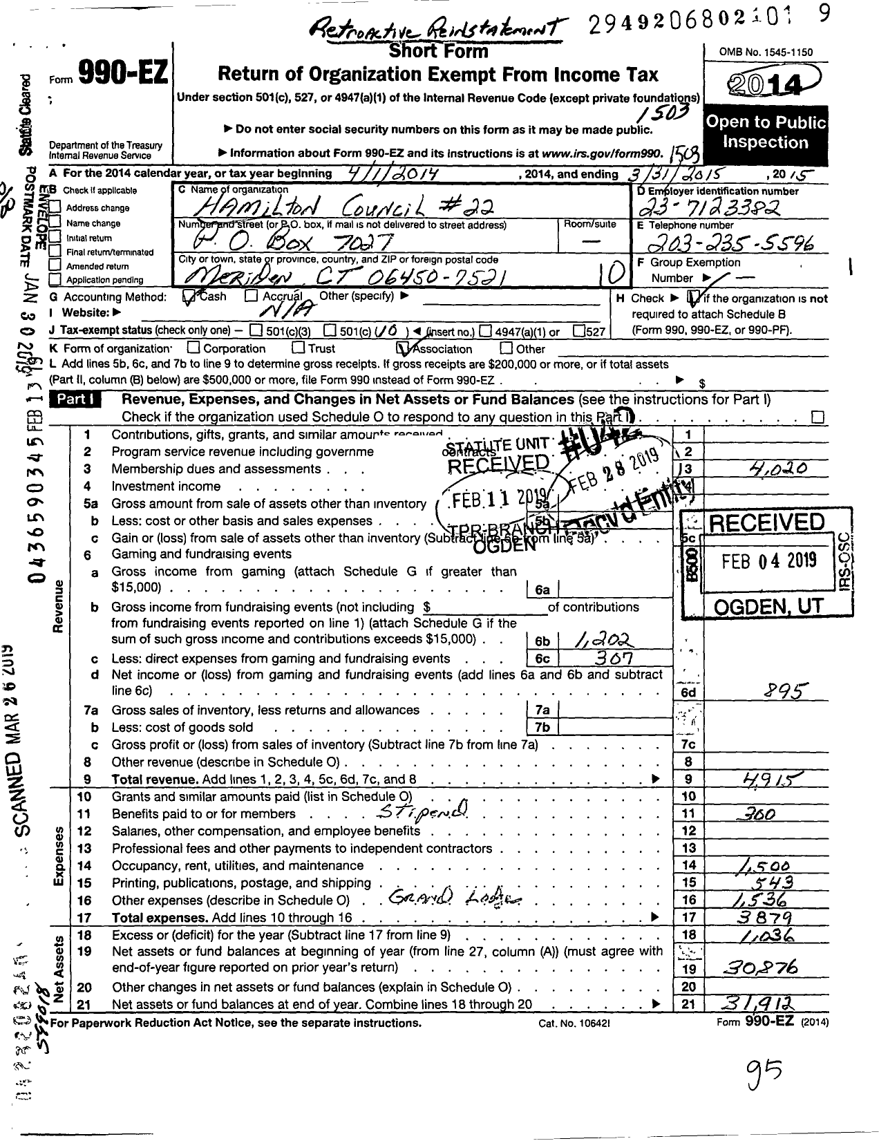 Image of first page of 2014 Form 990EO for Hamilton Council No 9 Royal and Select Masters of Connecticut