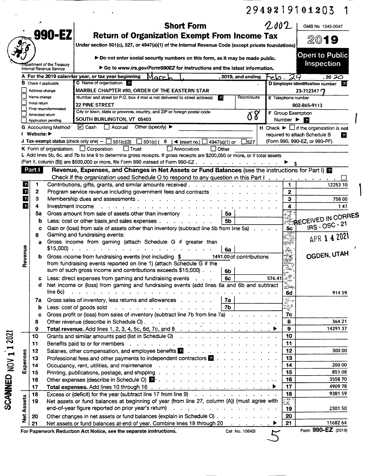 Image of first page of 2019 Form 990EO for Order of the Eastern Star of VT Grand Chapter - 80 Marble Chapter