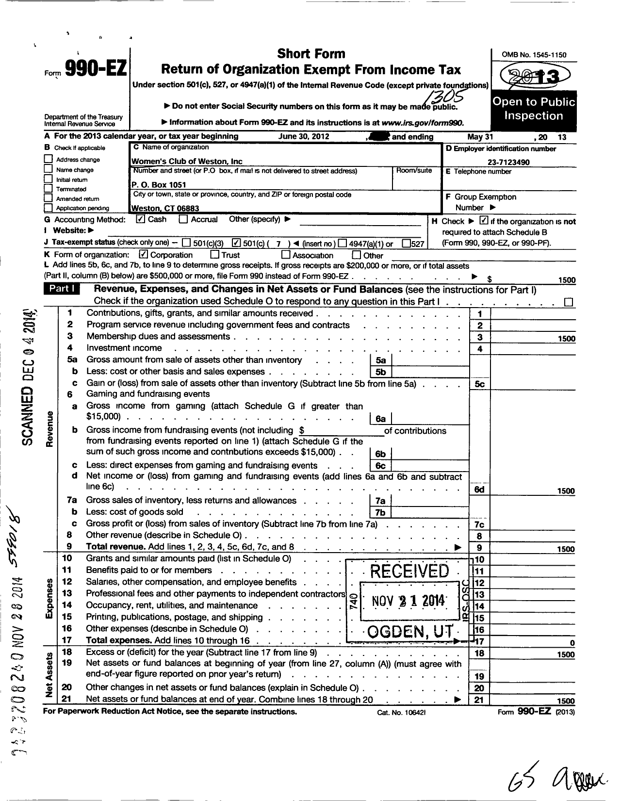 Image of first page of 2012 Form 990EO for Womens Club of Weston