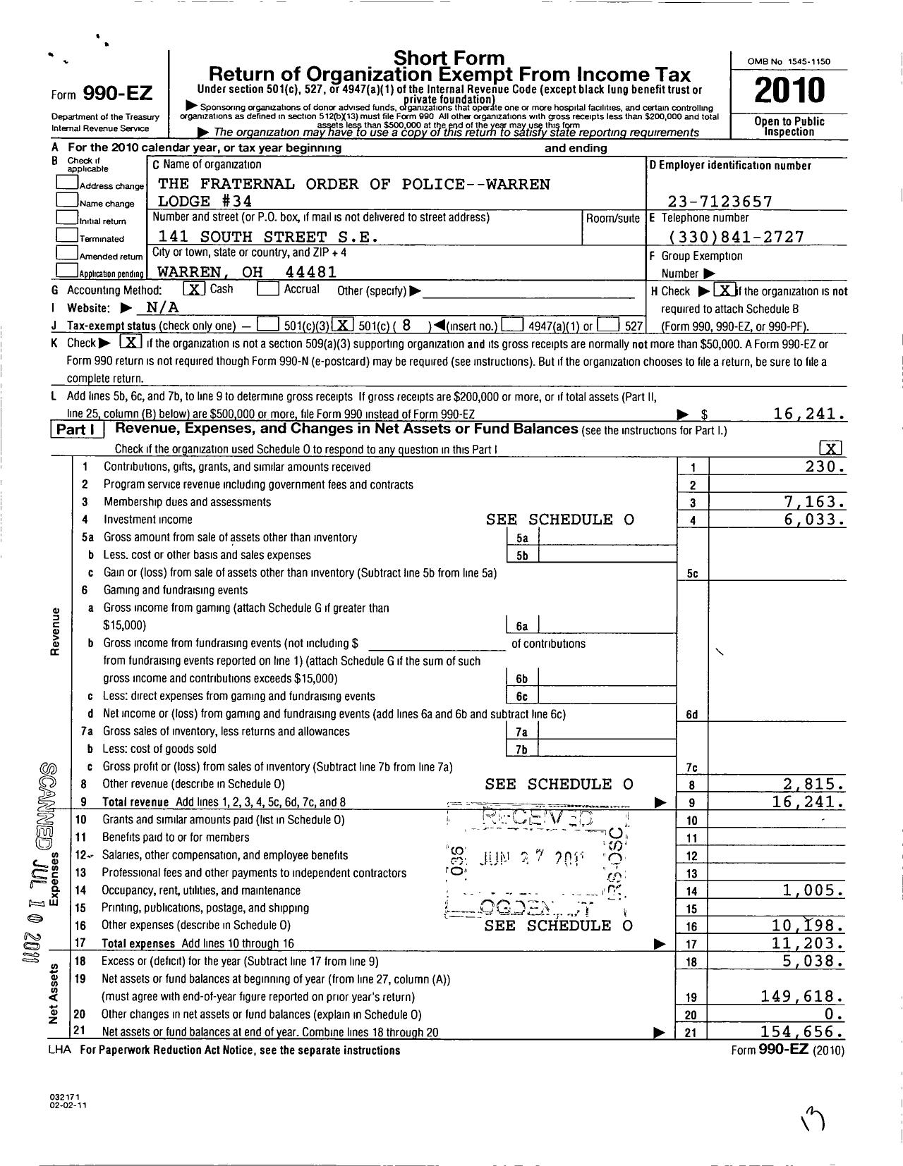 Image of first page of 2010 Form 990EO for Fraternal Order of Police - 34 Warren Lodge