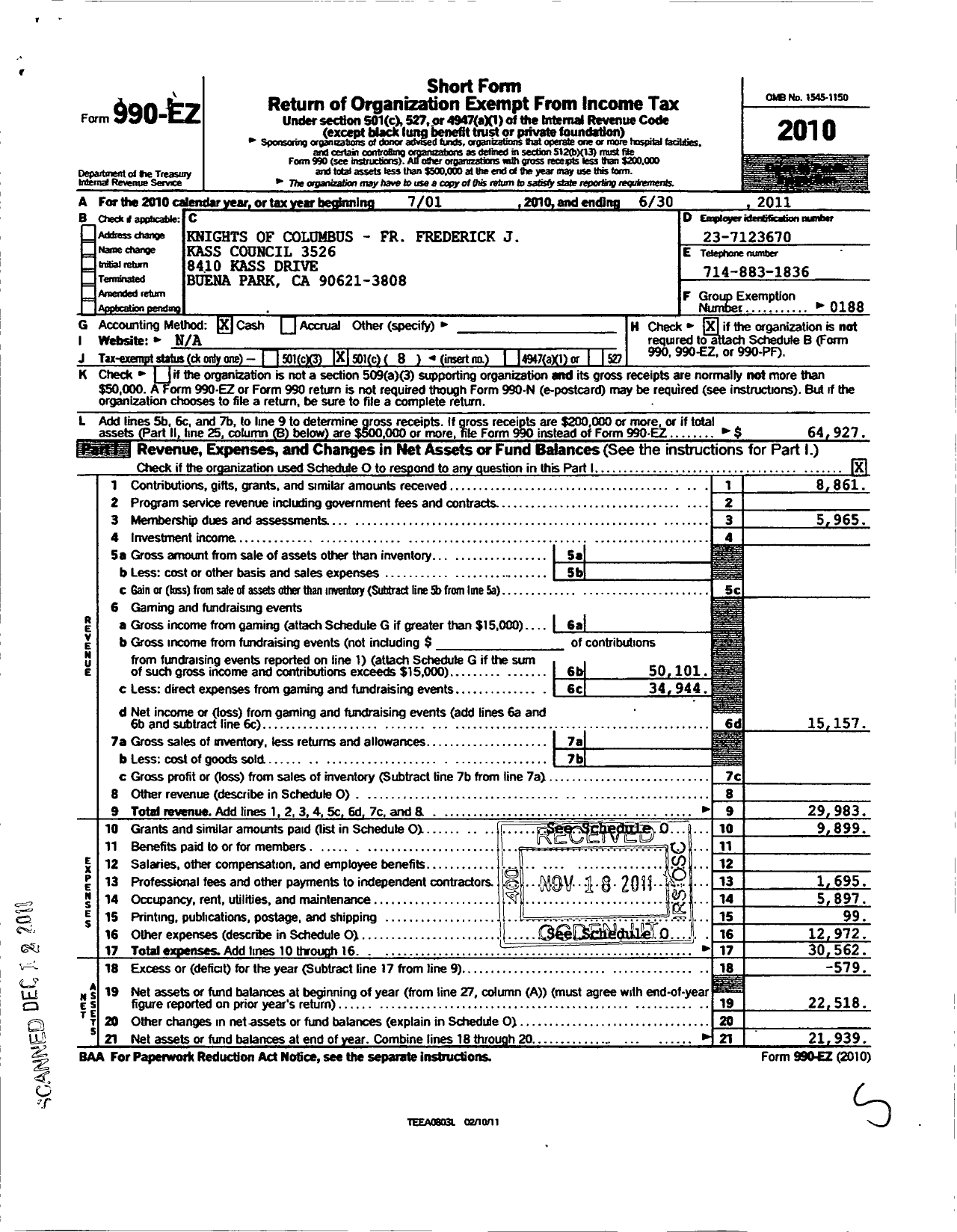 Image of first page of 2010 Form 990EO for Knights of Columbus - 3526 Father Frederick J Kass