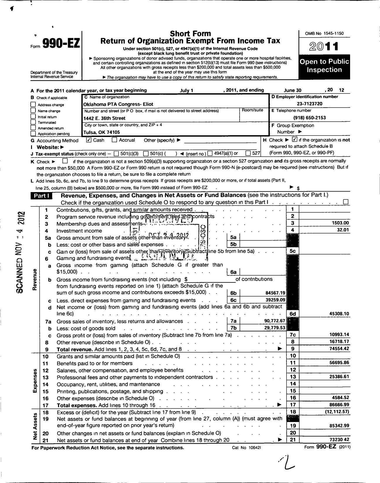 Image of first page of 2011 Form 990EO for PTA Oklahoma Congress / Eliot