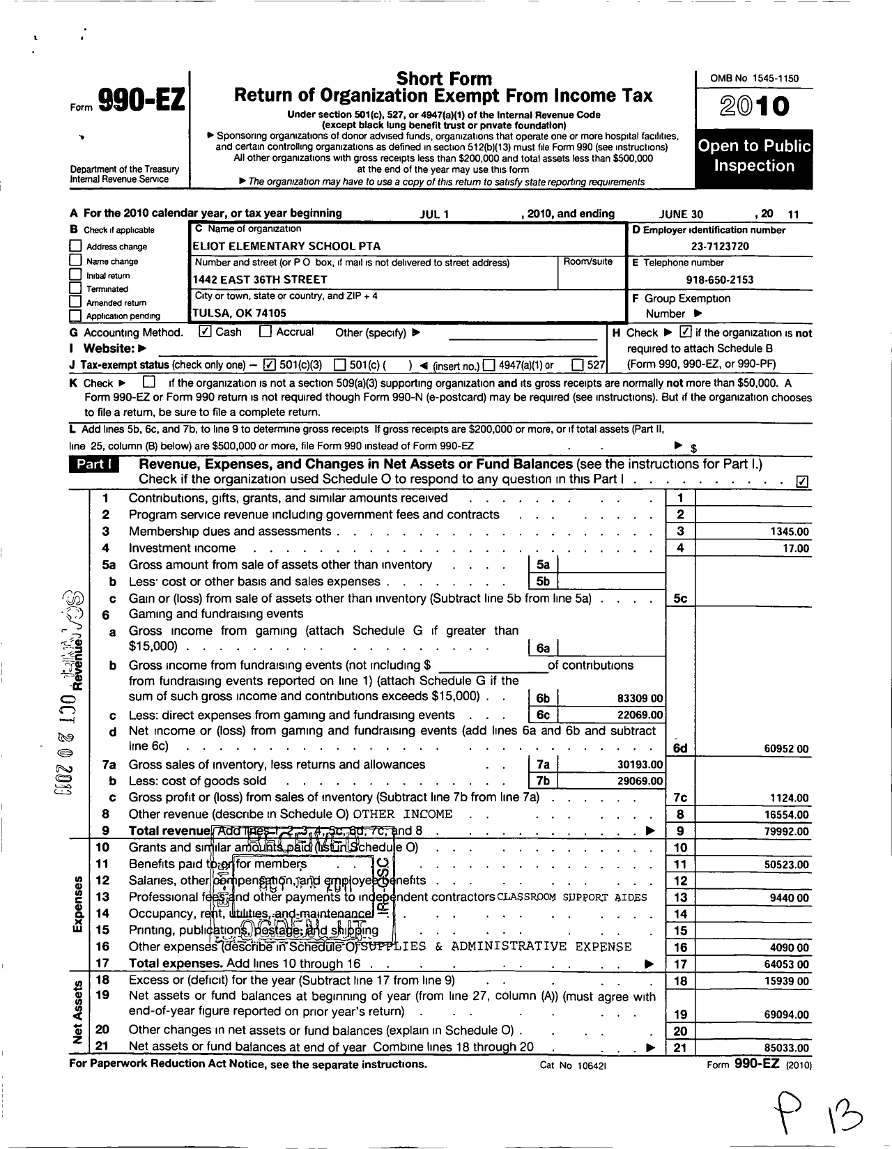 Image of first page of 2010 Form 990EZ for PTA Oklahoma Congress / Eliot