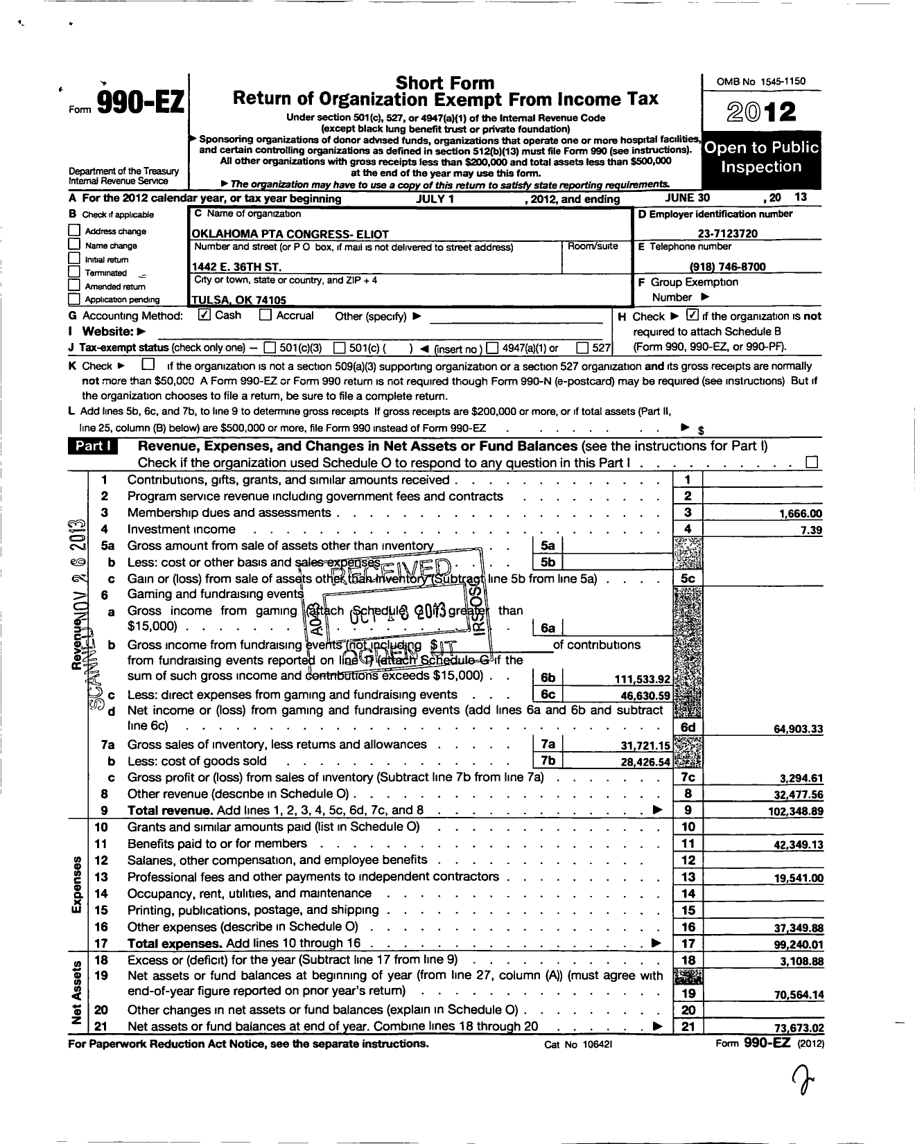 Image of first page of 2012 Form 990EO for PTA Oklahoma Congress / Eliot