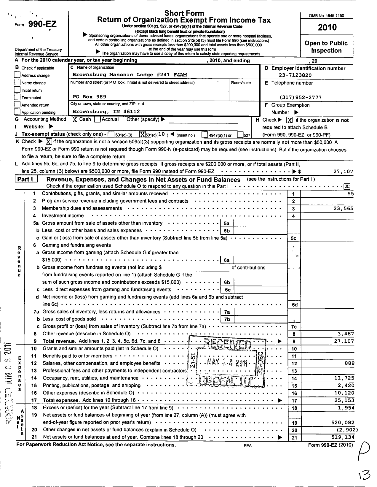 Image of first page of 2010 Form 990EO for Free & Accepted Masons of Indiana - 241 Brownsburg